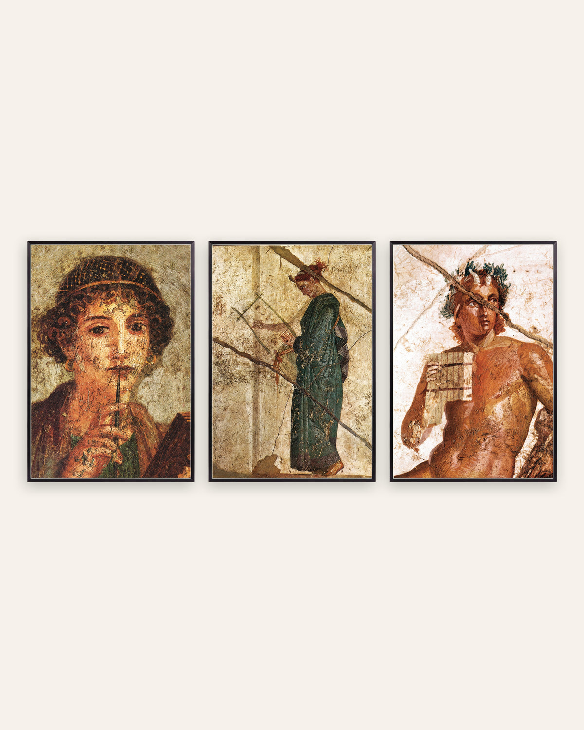 Pósters de frescos romanos, conjunto de 3: poesía y música, Safo, lira y Pan, con marcos de metal negro