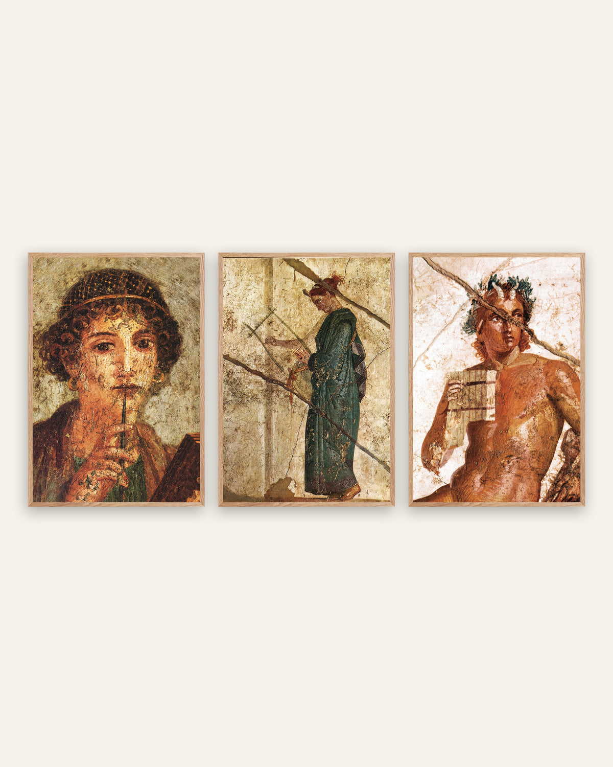 Pósters de frescos romanos, conjunto de 3: poesía y música, Safo, lira y Pan, con marcos de roble natural