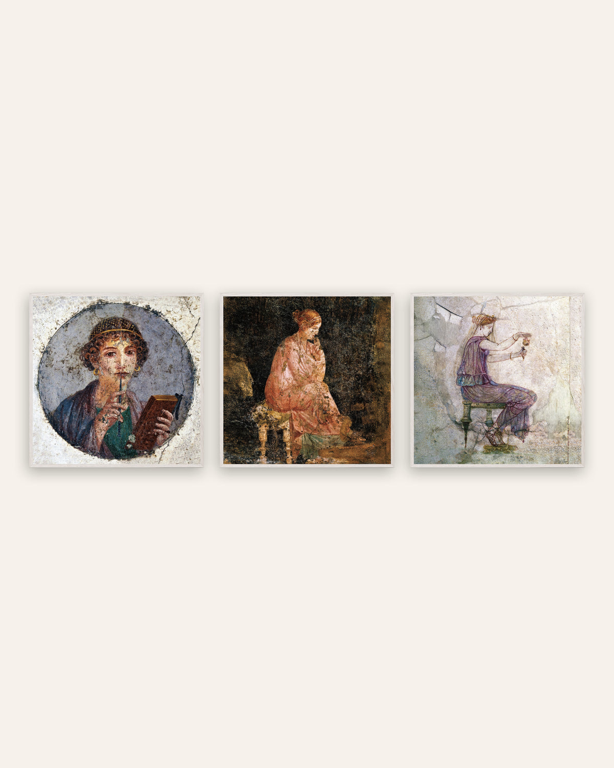 Pósters de frescos romanos, conjunto de 3: Safo, mujer sentada y perfume, con marcos de roble blanco