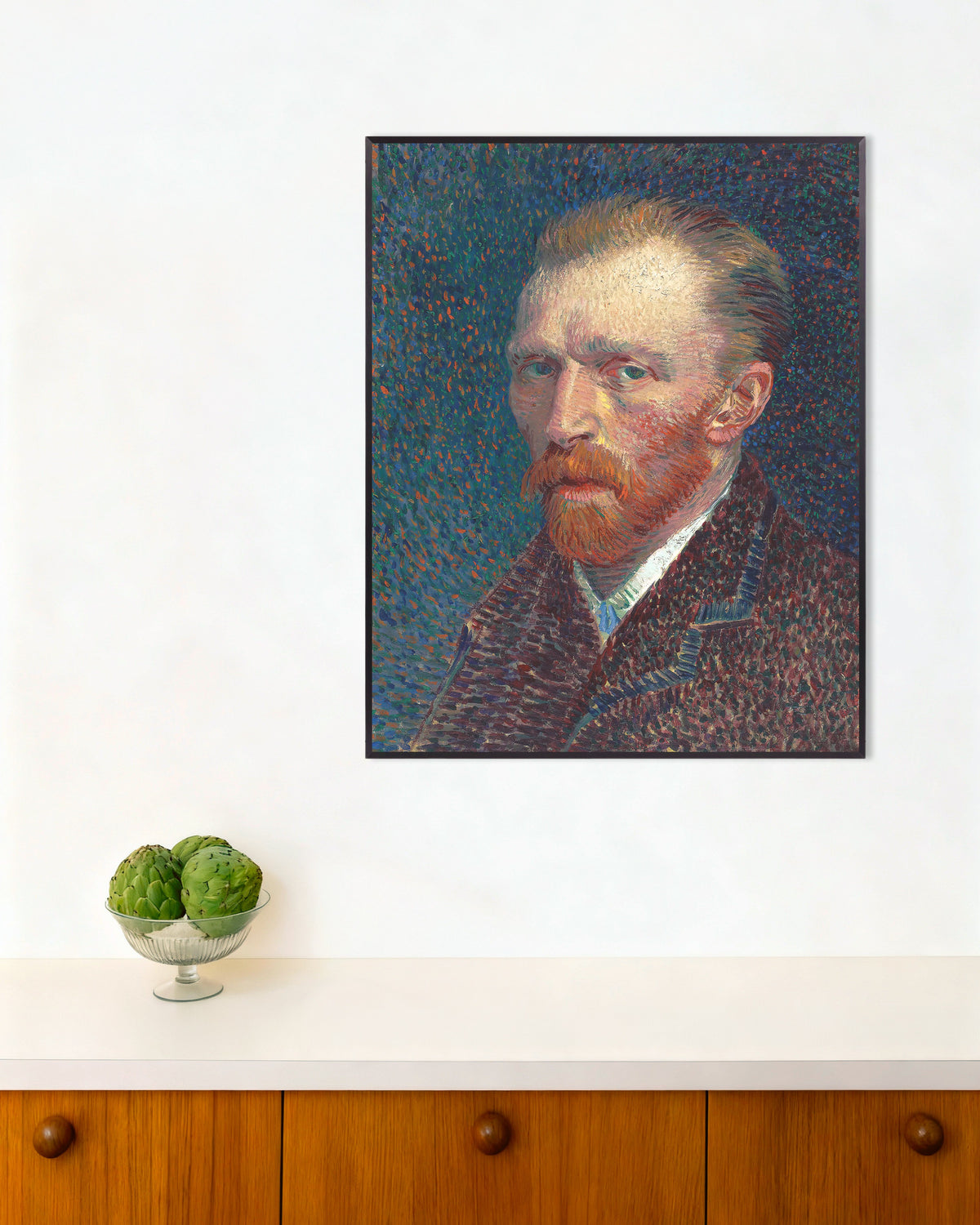 Póster de Autorretrato sobre fondo azul punteado (1887), de Vincent van Gogh, con marco metálico