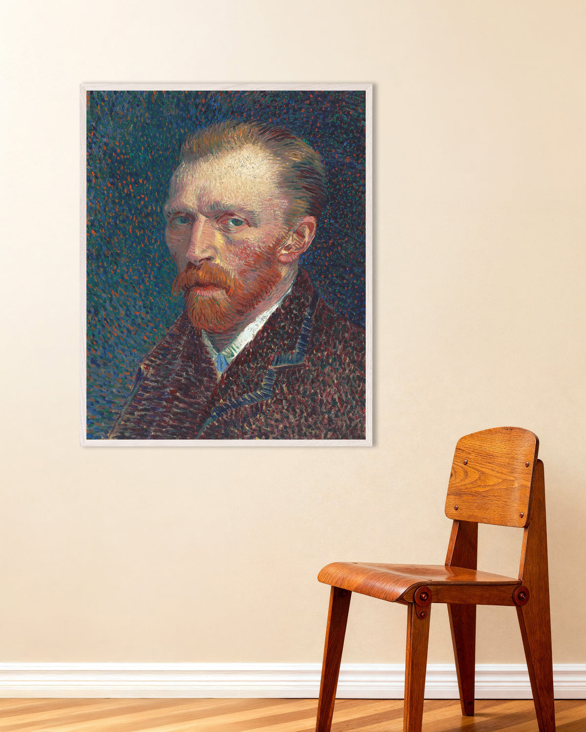 Póster de Autorretrato sobre fondo azul punteado (1887), de Vincent van Gogh, con marco de madera blanca