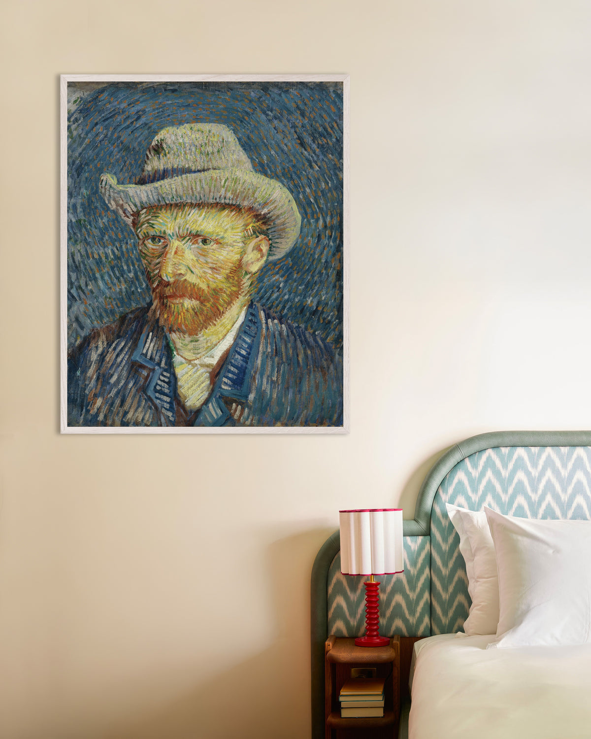 Póster de Autorretrato con sombrero de fieltro gris (1887), de Vincent van Gogh, con marco de madera blanco