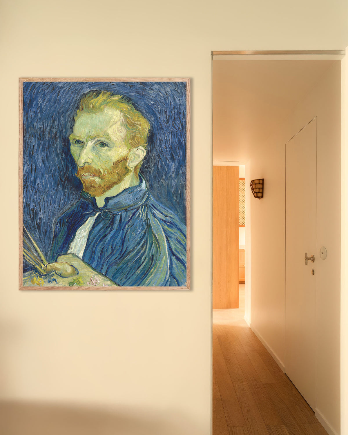 Póster de Autorretrato con paleta (1889), de Vincent van Gogh, con marco de madera natural