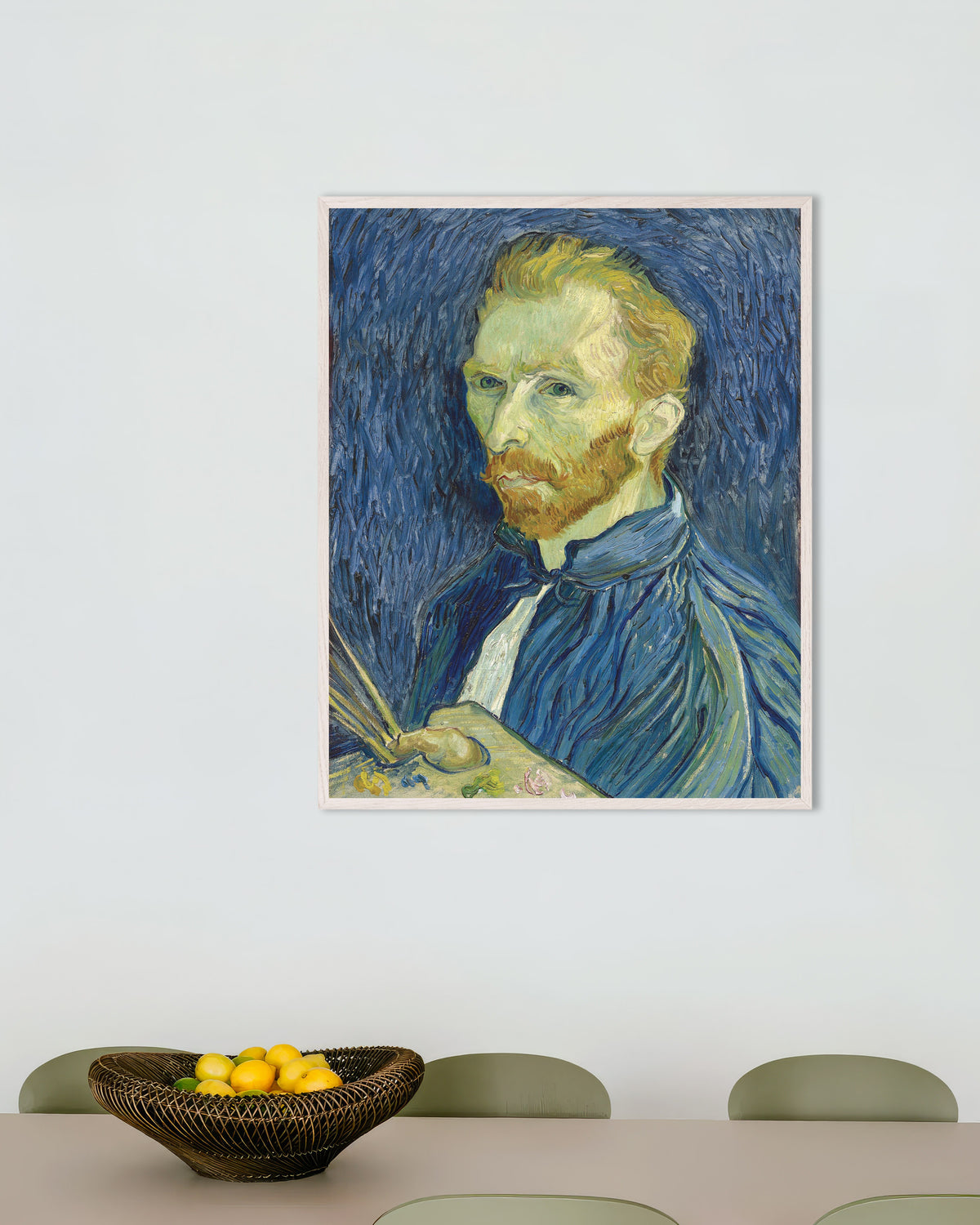 Póster de Autorretrato con paleta (1889), de Vincent van Gogh, con marco de madera blanco