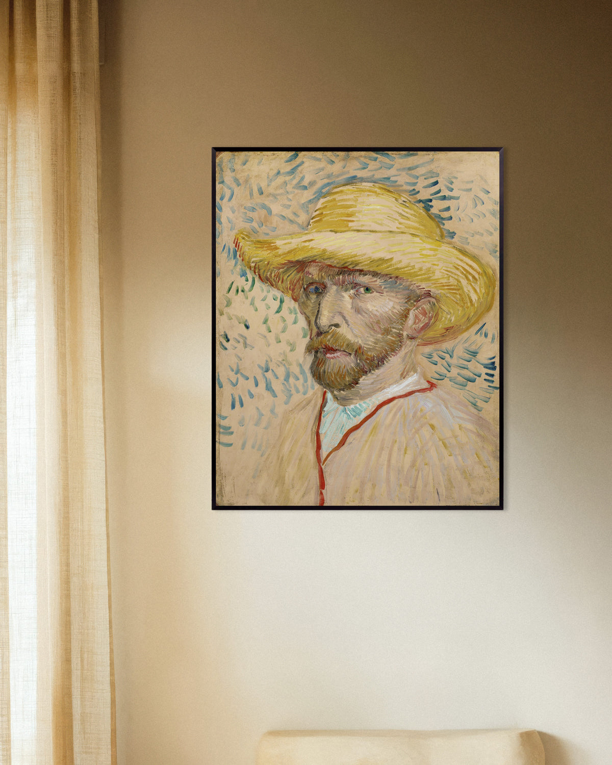 Póster de Autorretrato con sombrero de paja y blusa de pintor (1887), de Vincent van Gogh, con marco metálico