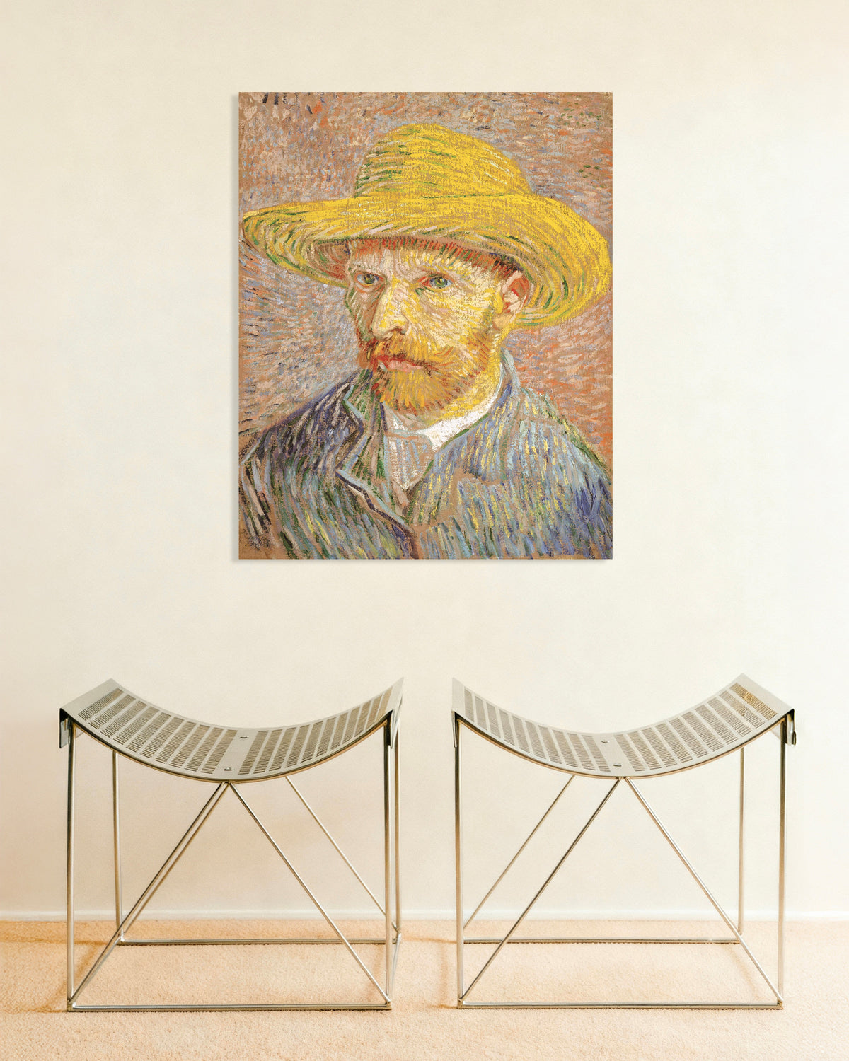 Póster de Autorretrato con sombrero de paja sobre fondo naranja (1887), de Vincent van Gogh