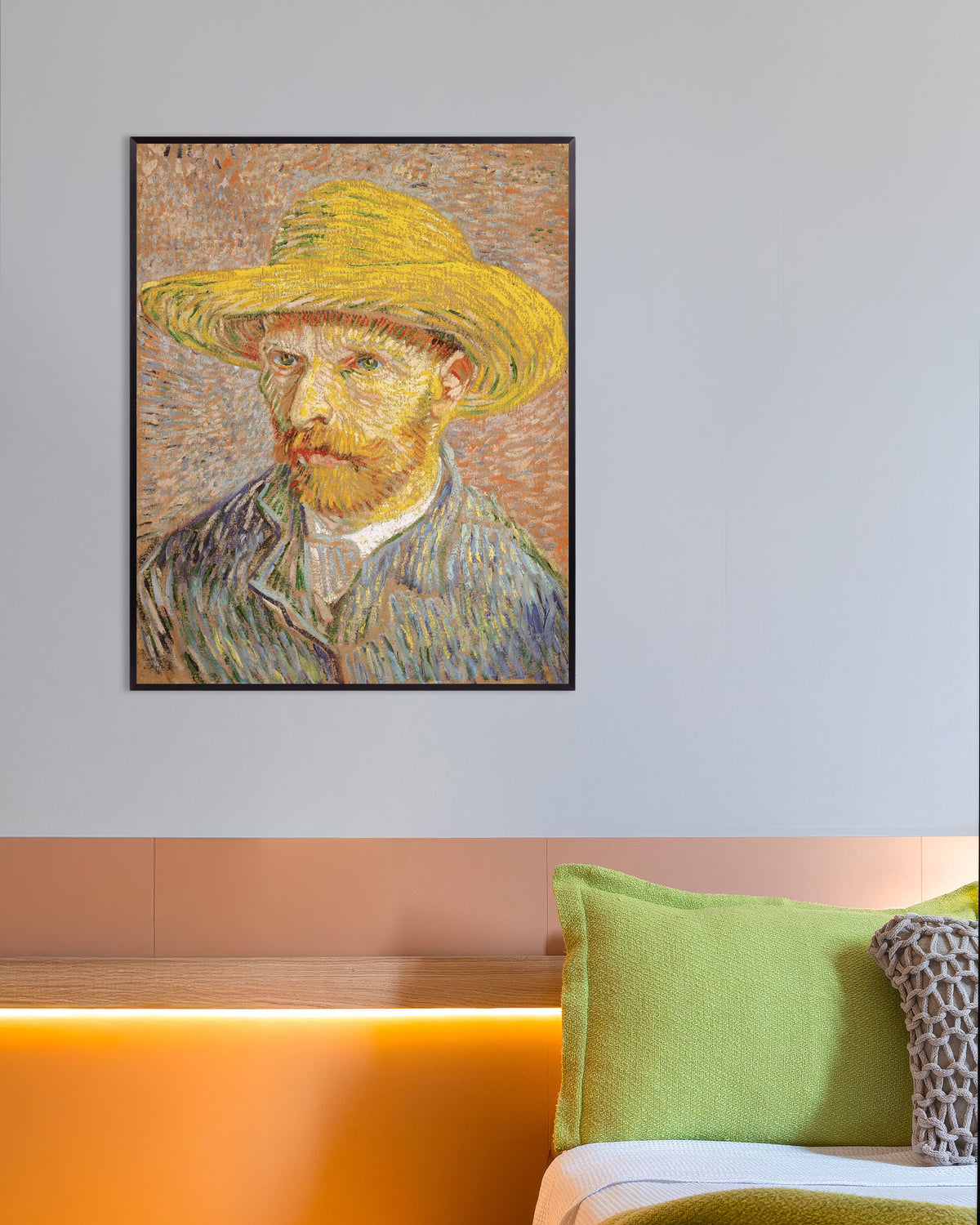 Póster de Autorretrato con sombrero de paja sobre fondo naranja (1887), de Vincent van Gogh, con marco metálico