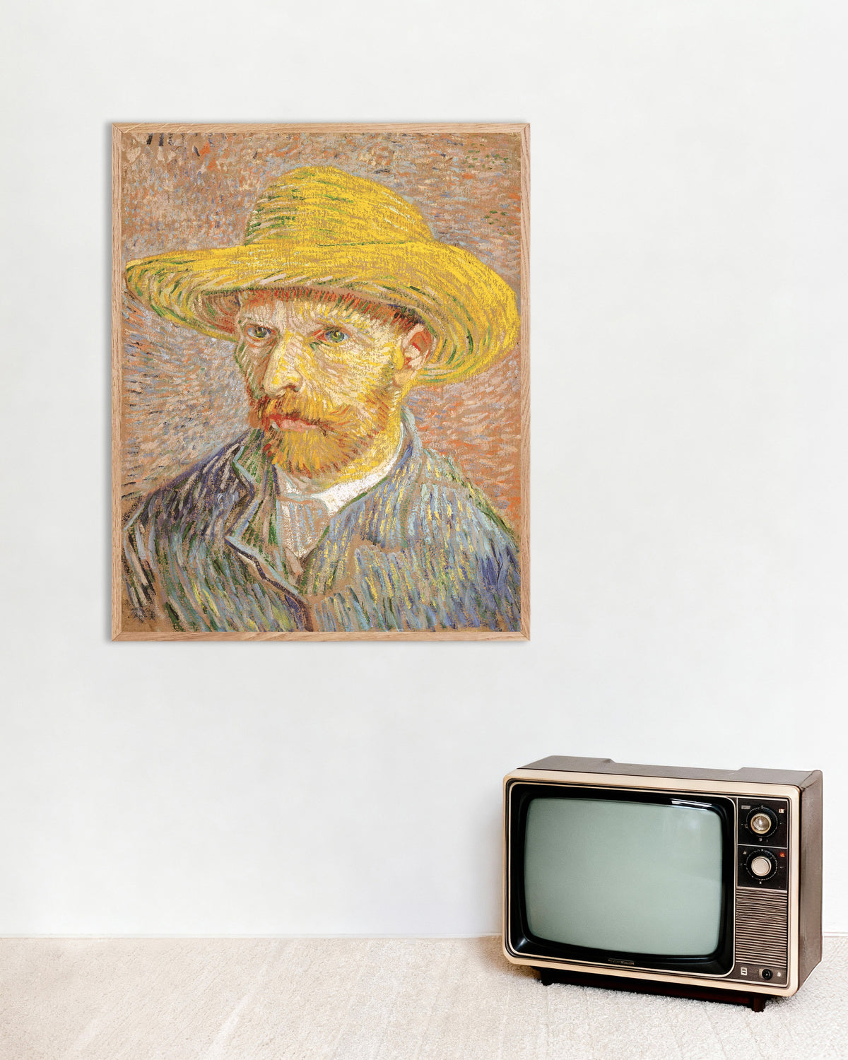 Póster de Autorretrato con sombrero de paja sobre fondo naranja (1887), de Vincent van Gogh, con marco de madera natural