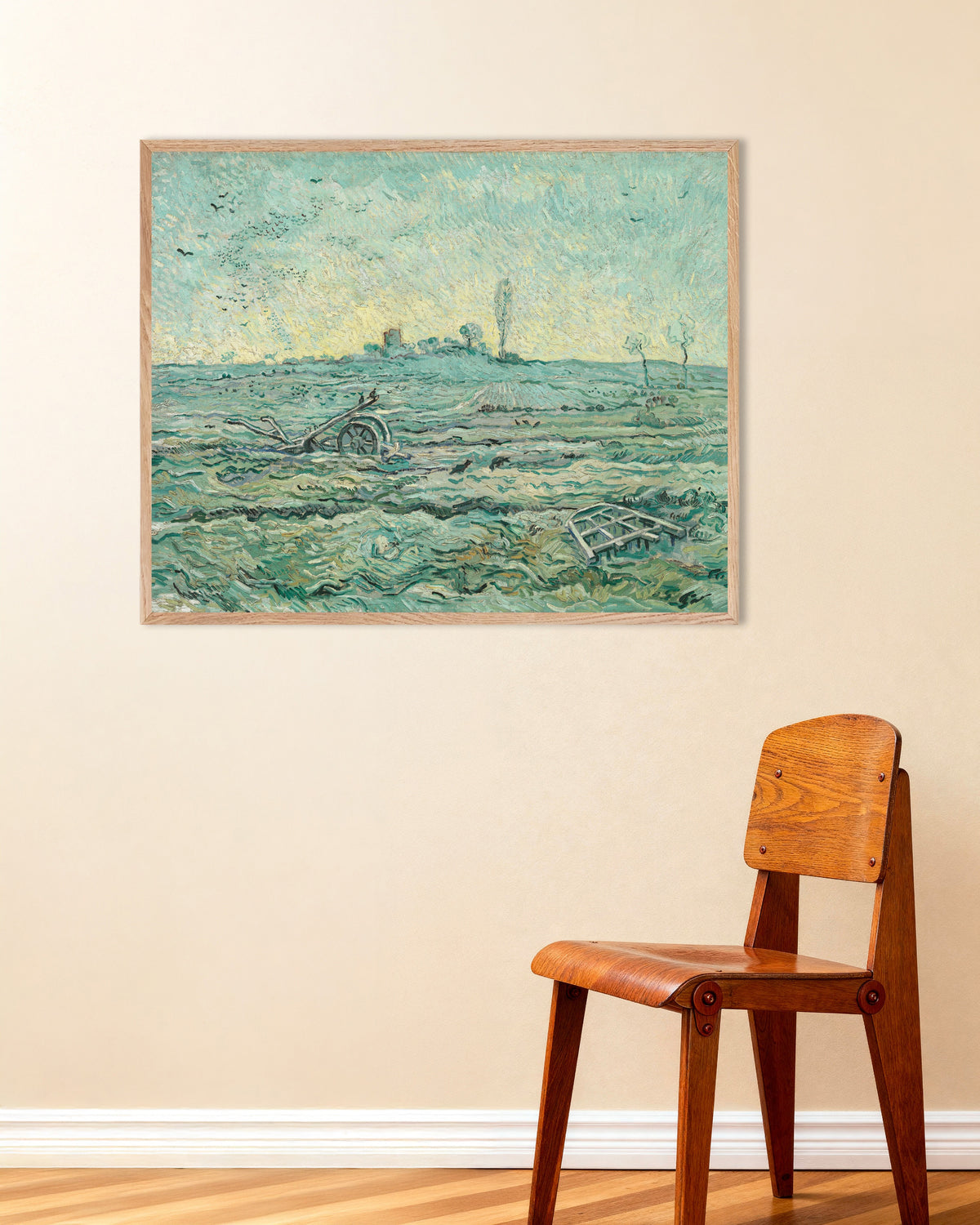 Póster de Campo cubierto de nieve con una grada, según Millet (1890), de Vincent van Gogh, con marco de madera natural