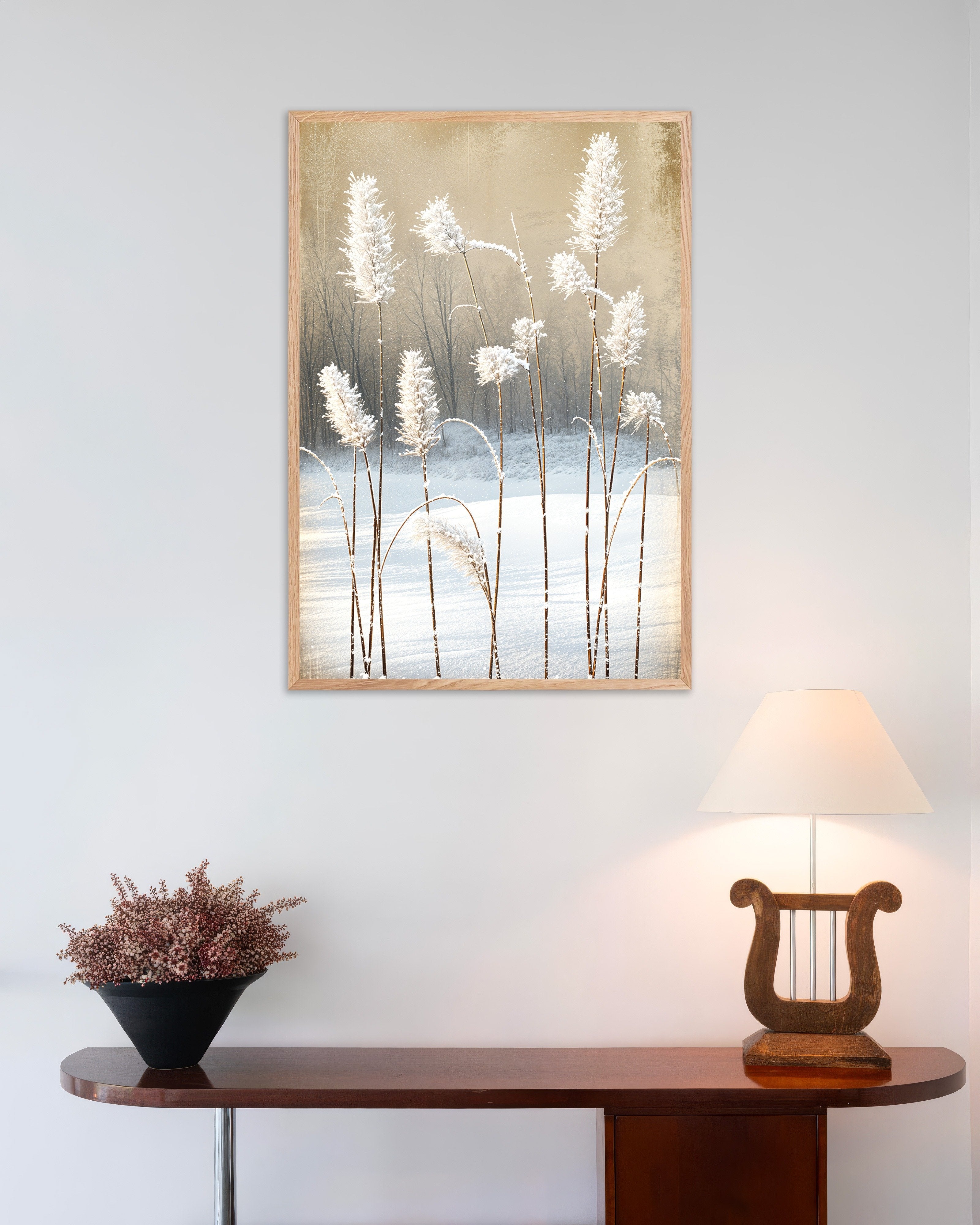 Poster of Snow frosted straws - Poster, with natural wooden frame
