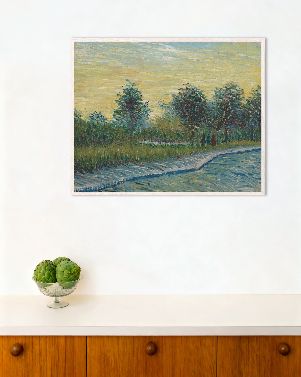 Póster de Plaza Saint-Pierre al atardecer (1887), de Vincent van Gogh, con marco de madera blanca