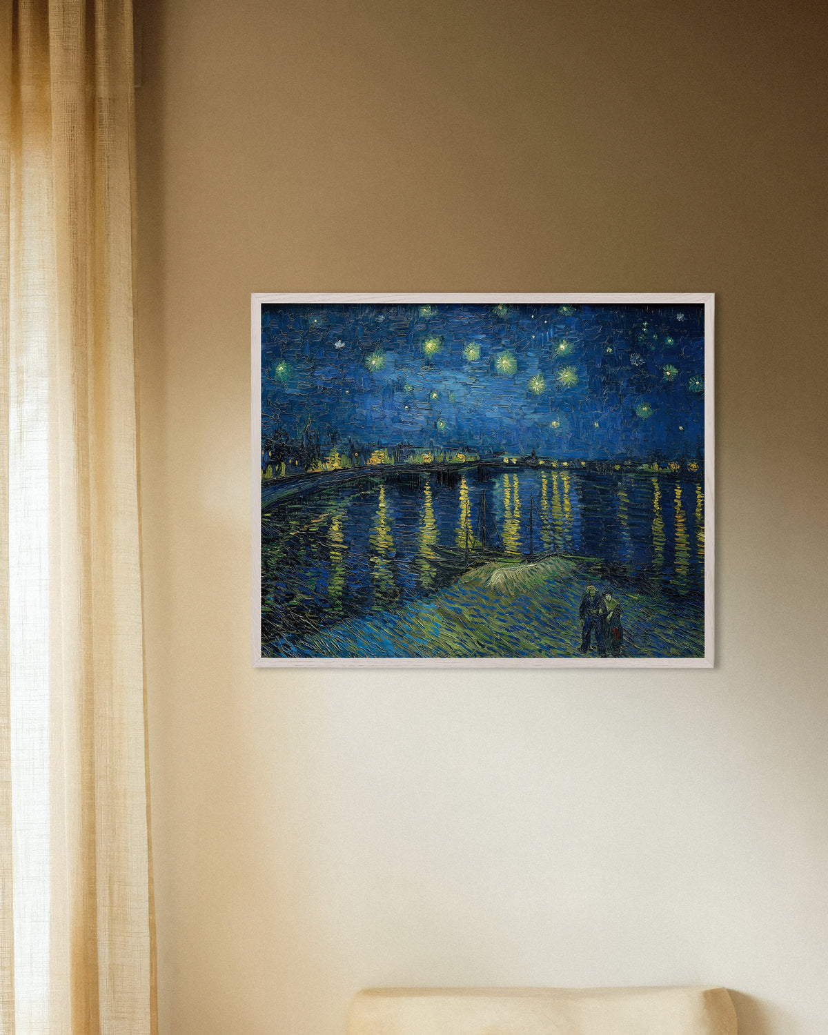Póster de Noche estrellada sobre el Ródano (1888), de Vincent van Gogh, con marco de madera blanca