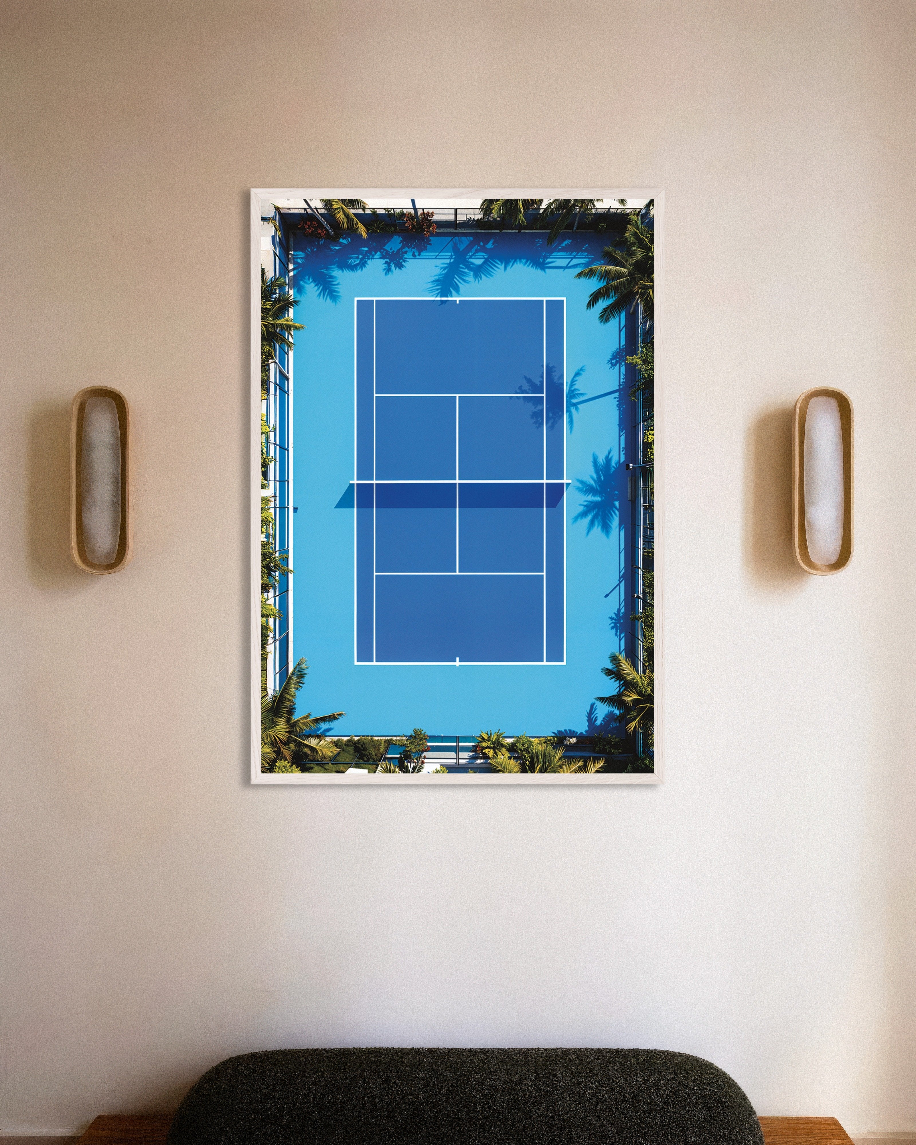 Poster of Tennis court aerial poster – Modern sports photography print, with white wooden frame