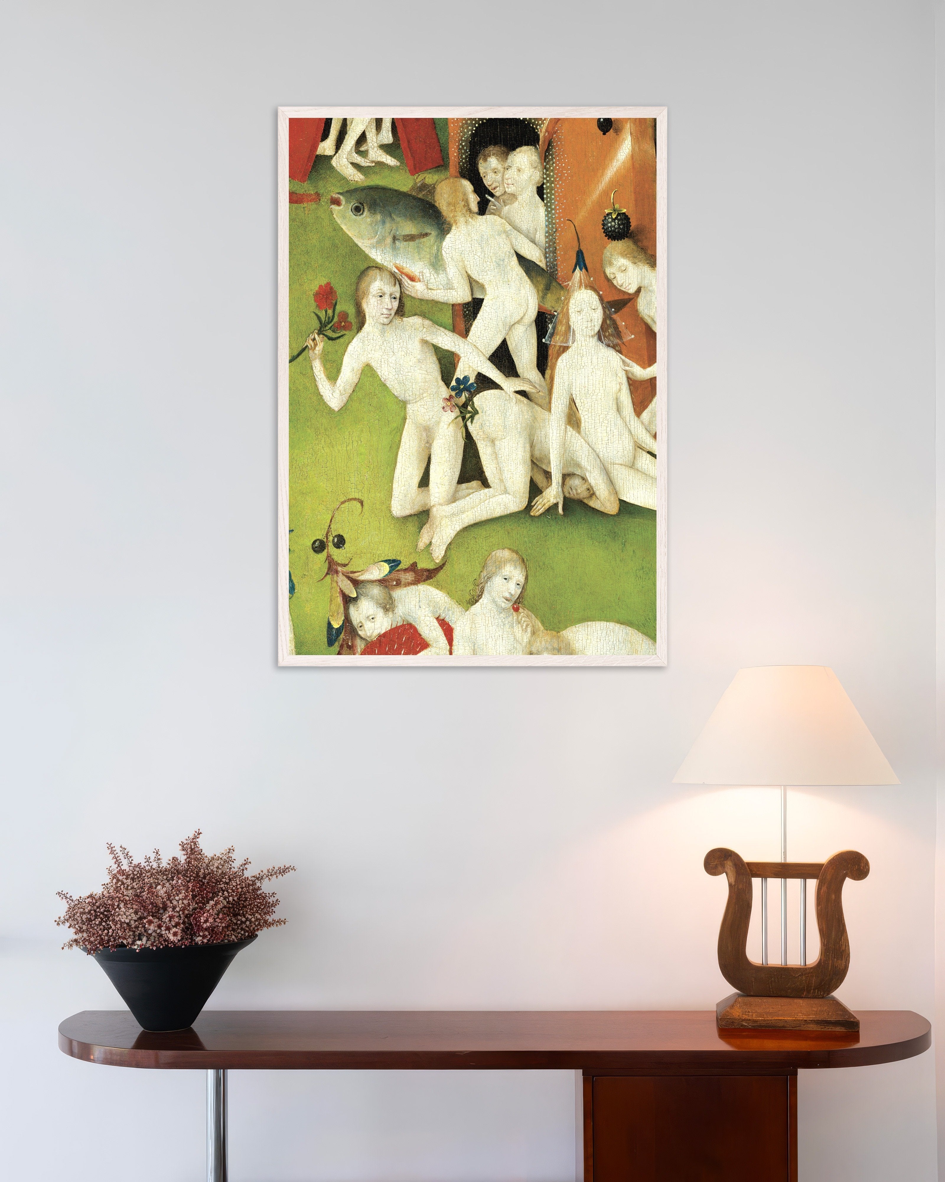 Poster of The giant fish and flower figures - Detail from The Garden of Earthly Delights, with white wooden frame