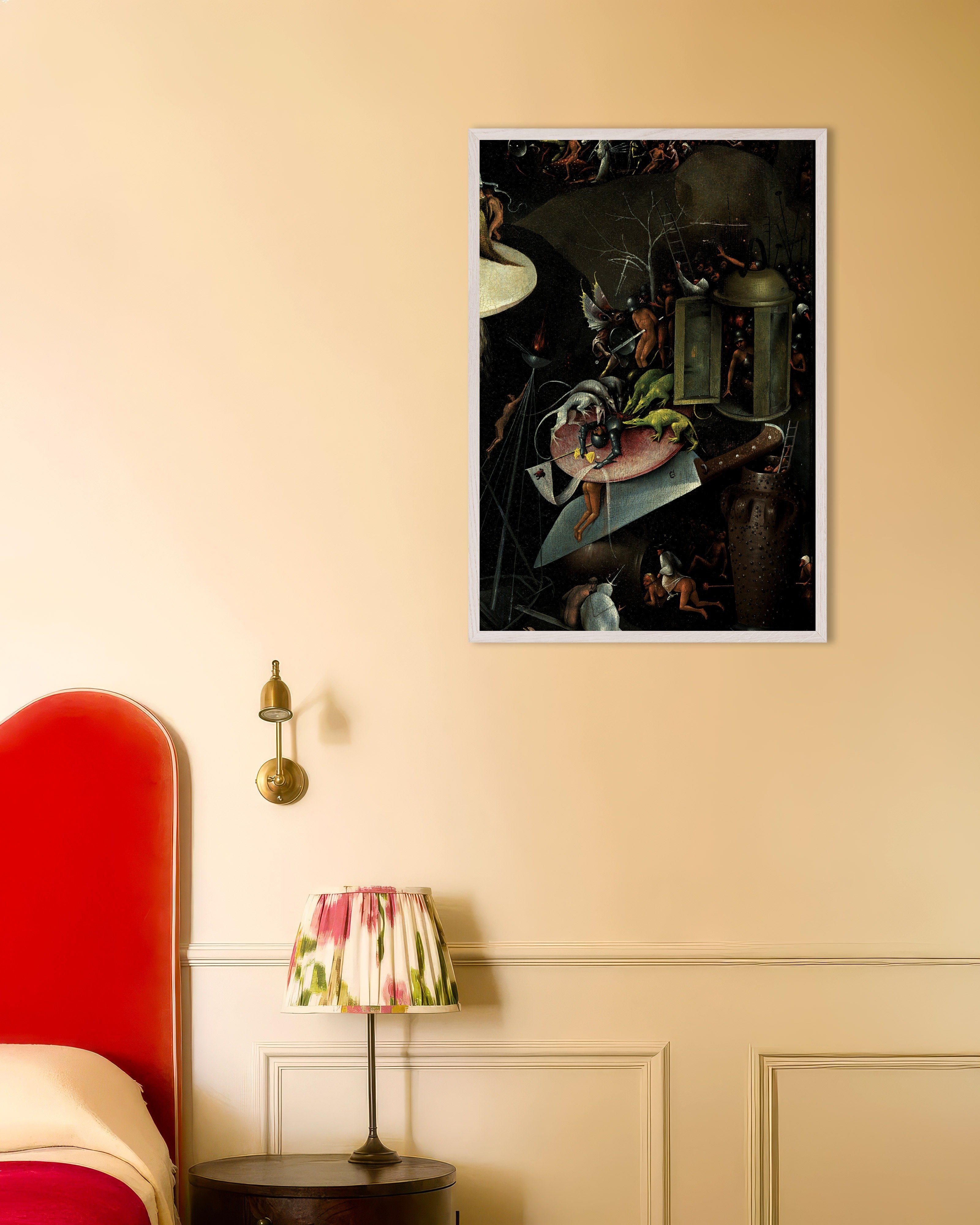 Poster of The knight and the hounds - Detail from The Garden of Earthly Delights, with white wooden frame