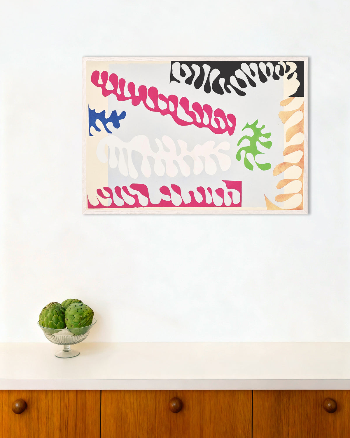 Póster de La laguna en rosa y blanco (Jazz, 1947), de Henri Matisse, con marco de madera blanca