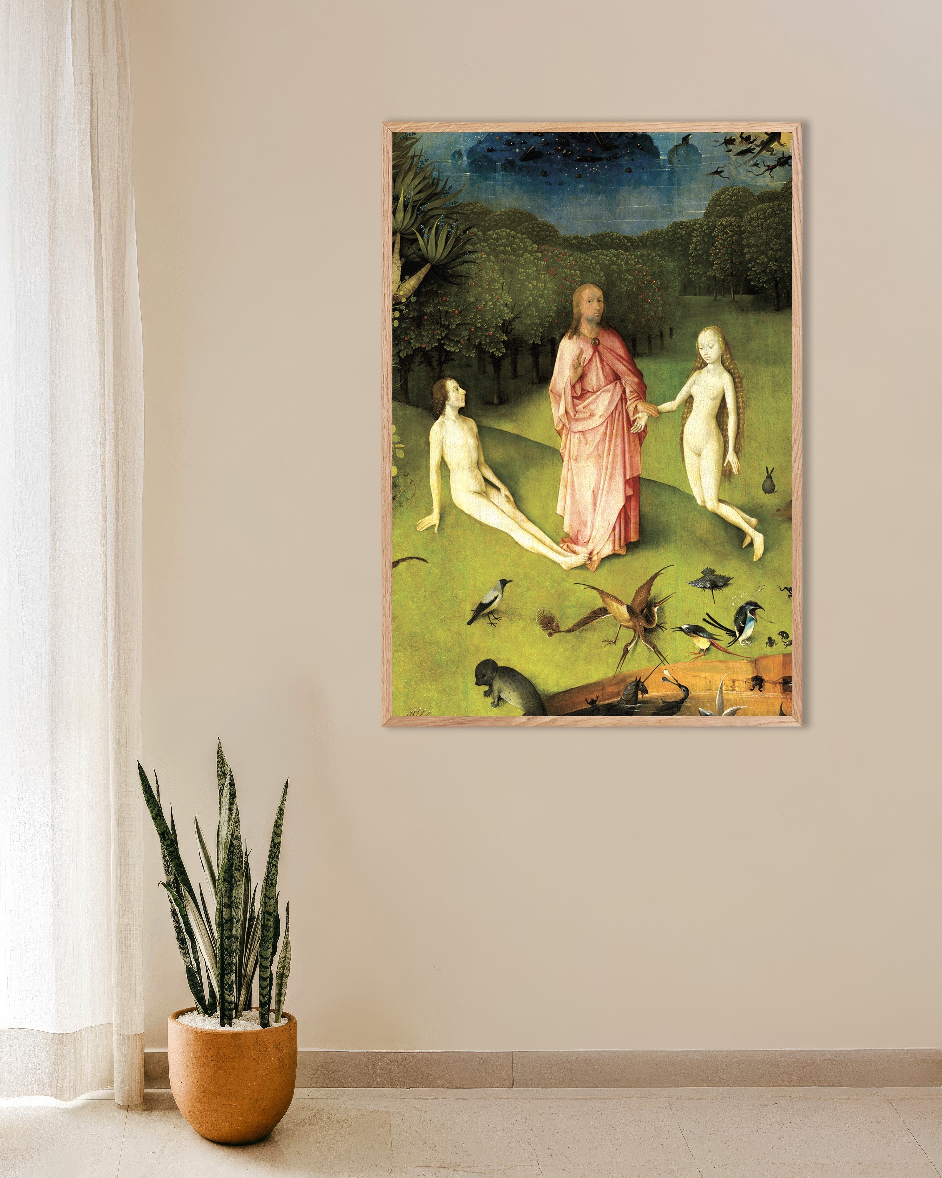 Poster of The meeting in Eden - Detail from The Garden of Earthly Delights, with natural wooden frame