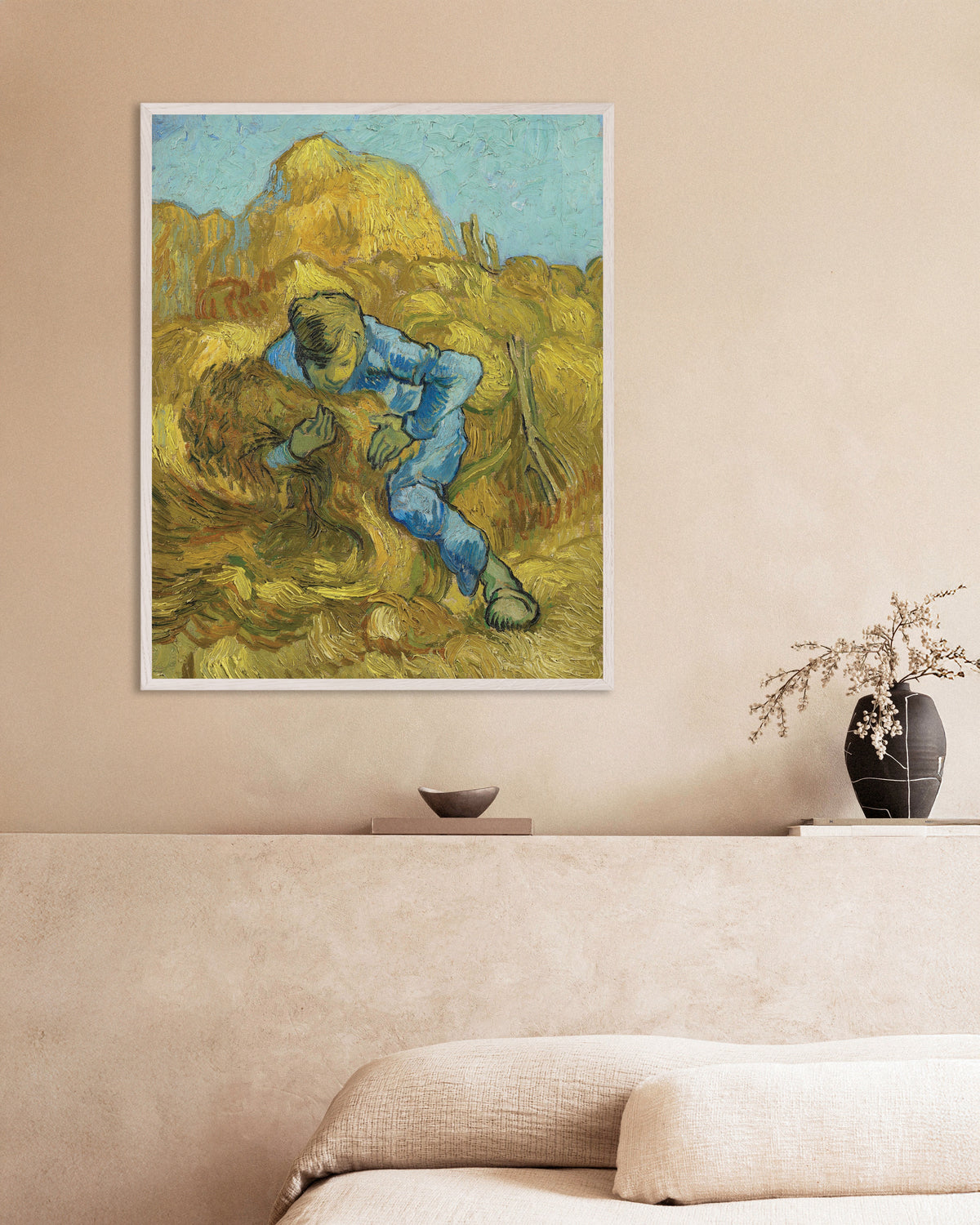 Póster de El atador de gavillas, según Millet (1889), de Vincent van Gogh, con marco de madera blanca