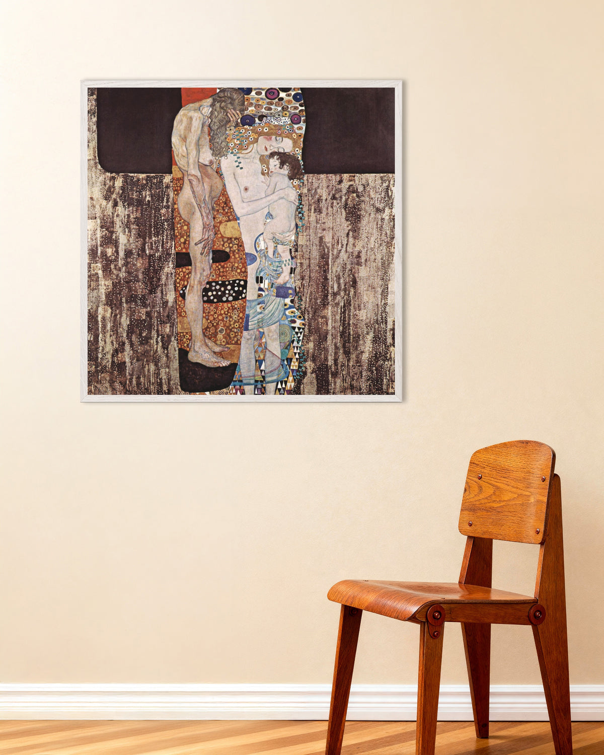 Póster Las tres edades de la mujer (1905), de Gustav Klimt, con marco de madera blanca