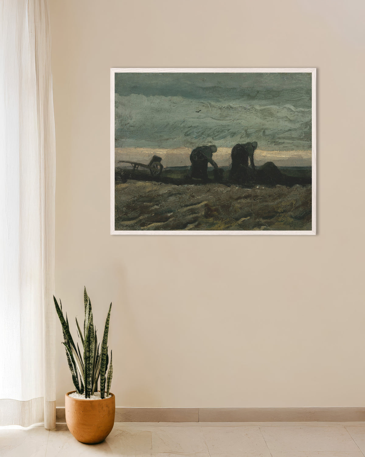 Póster de Dos mujeres en el brezal (1883), de Vincent van Gogh, con marco de madera blanca