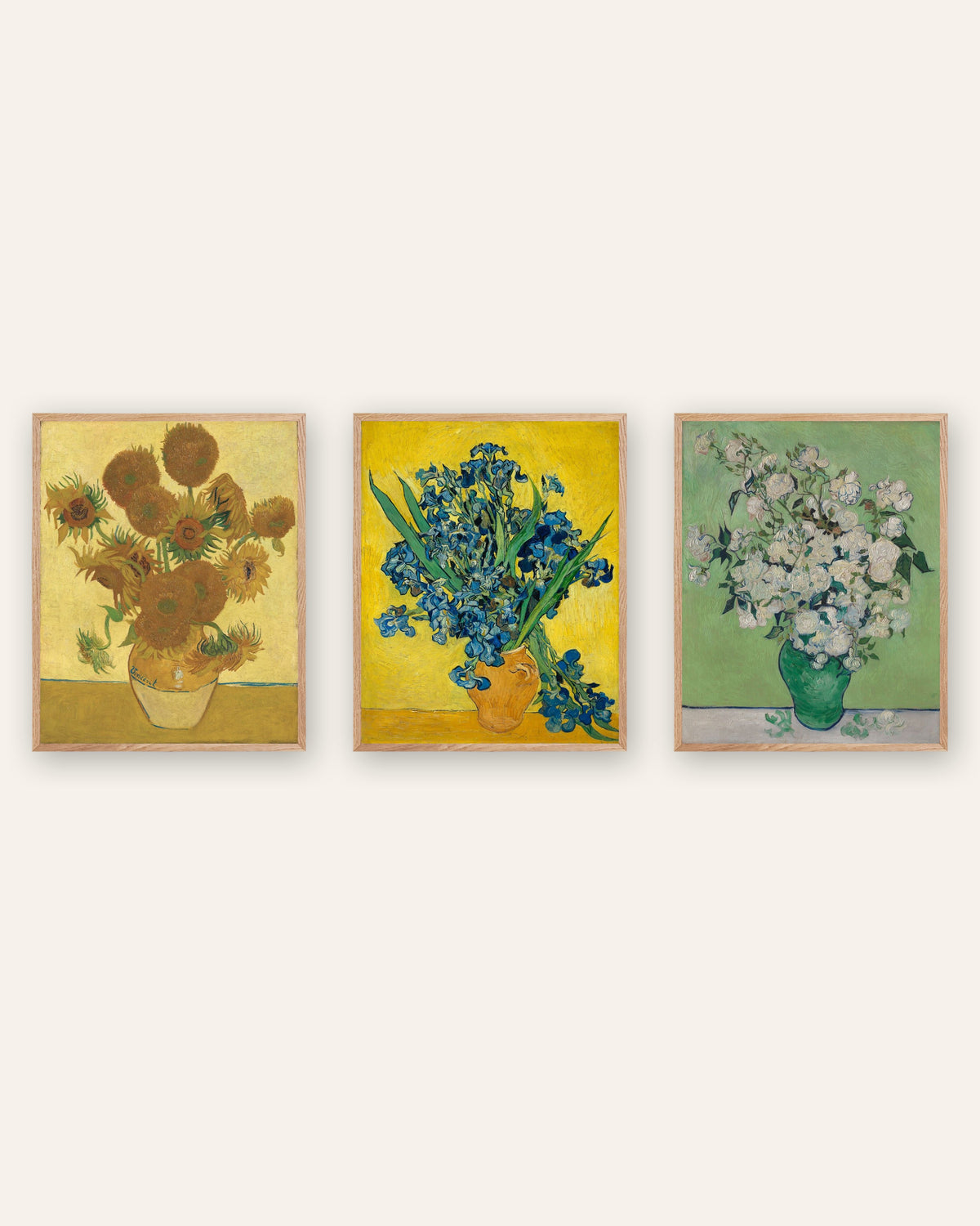 Pósters de flores de Van Gogh, conjunto de 3: Girasoles, Lirios y Rosas, con marcos de roble natural