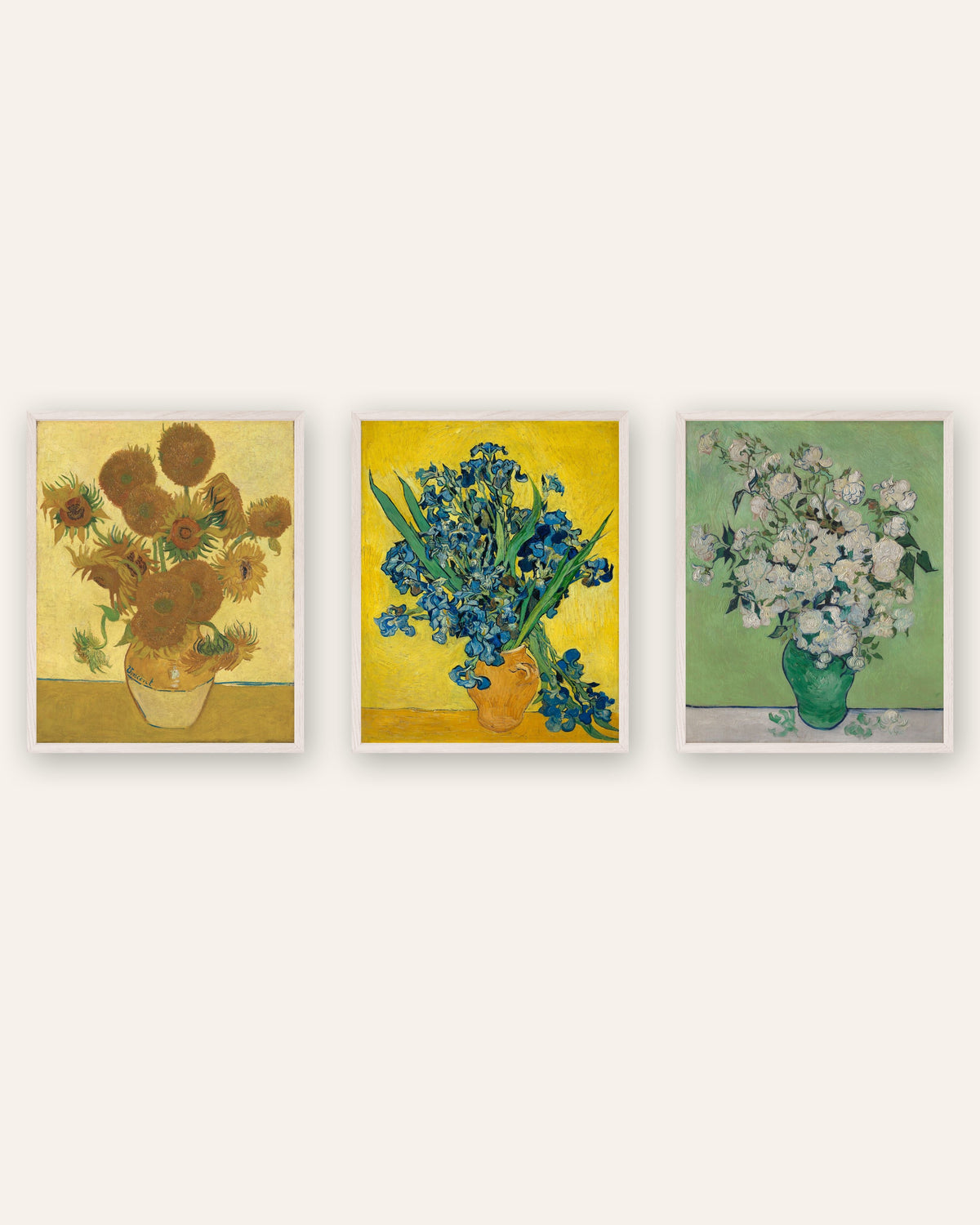 Pósters de flores de Van Gogh, conjunto de 3: Girasoles, Lirios y Rosas, con marcos de roble blanco