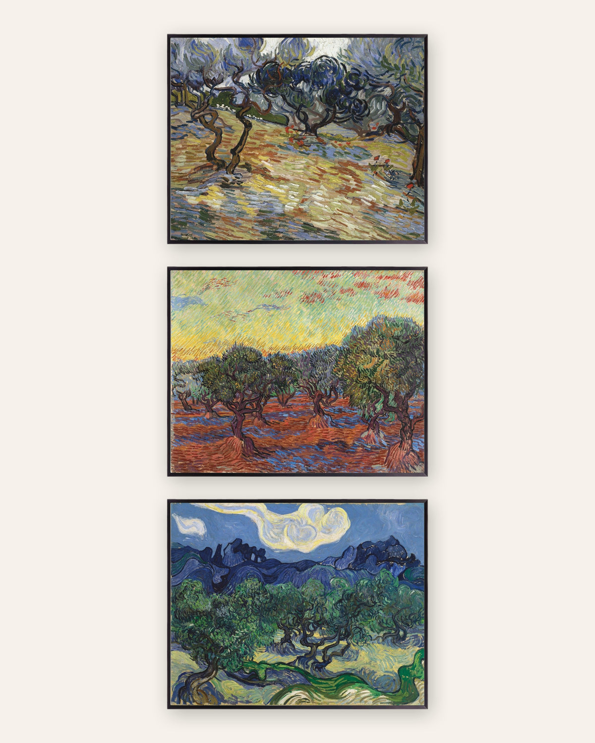 Pósters de Van Gogh, olivos, conjunto de 3: los olivares de Saint-Rémy, con marcos de metal negro