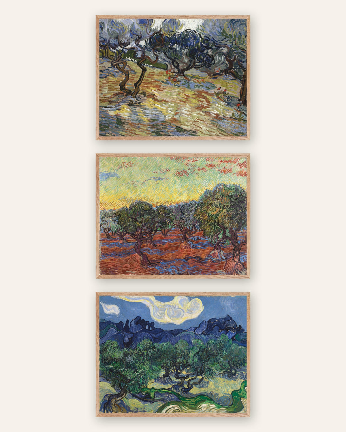 Pósters de Van Gogh, olivos, conjunto de 3: los olivares de Saint-Rémy, con marcos de roble natural