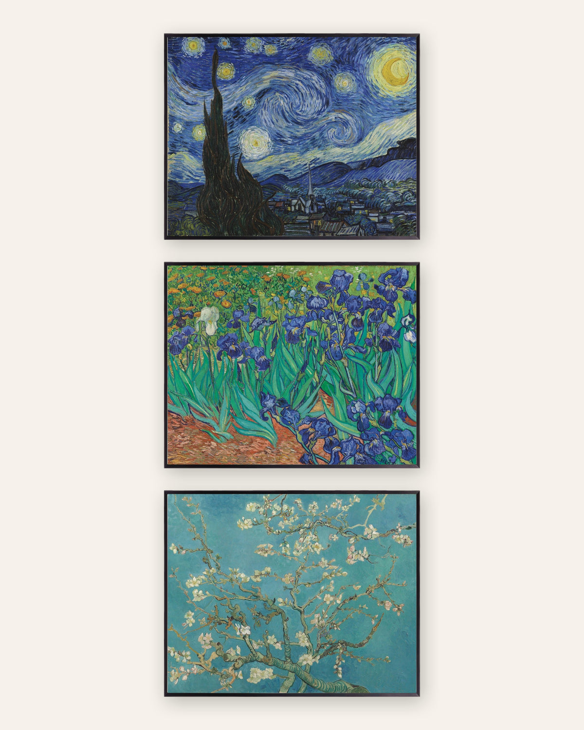 Pósters de Van Gogh, conjunto de 3: La noche estrellada, Lirios y Almendro en flor, con marcos de metal negro
