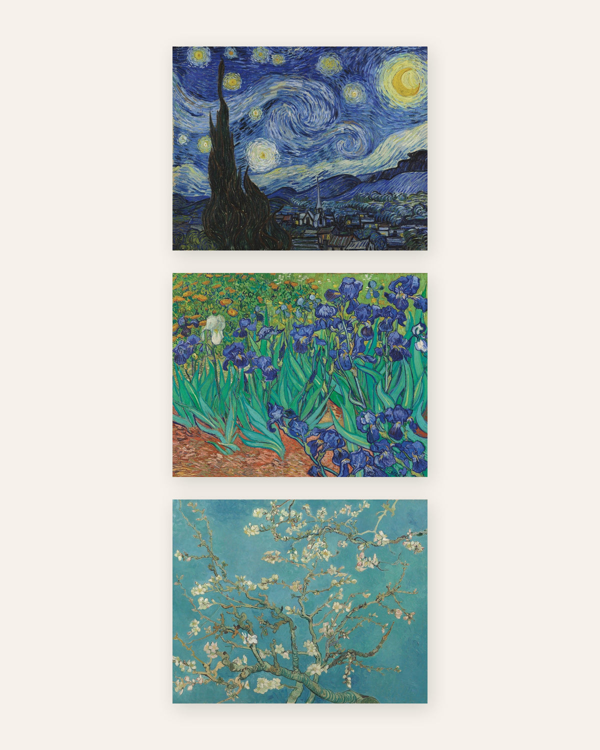 Pósters de Van Gogh, conjunto de 3: La noche estrellada, Lirios y Almendro en flor, sin marco