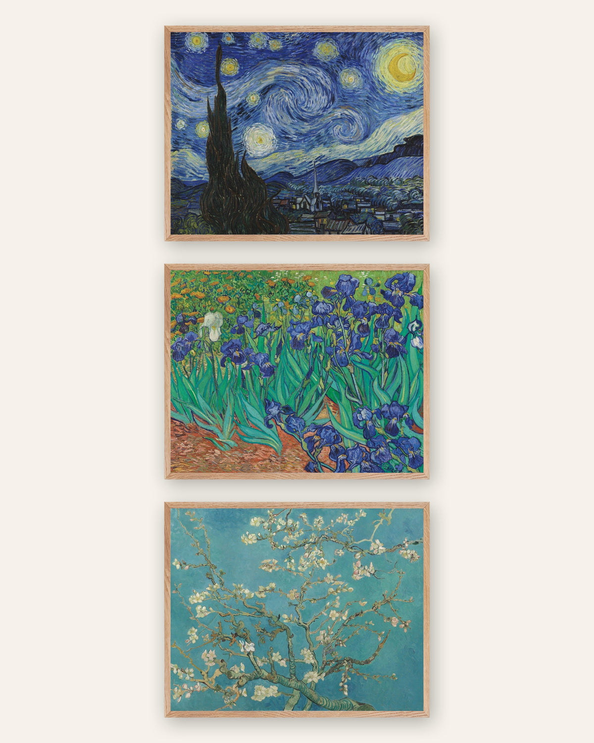 Pósters de Van Gogh, conjunto de 3: La noche estrellada, Lirios y Almendro en flor, con marcos de roble natural