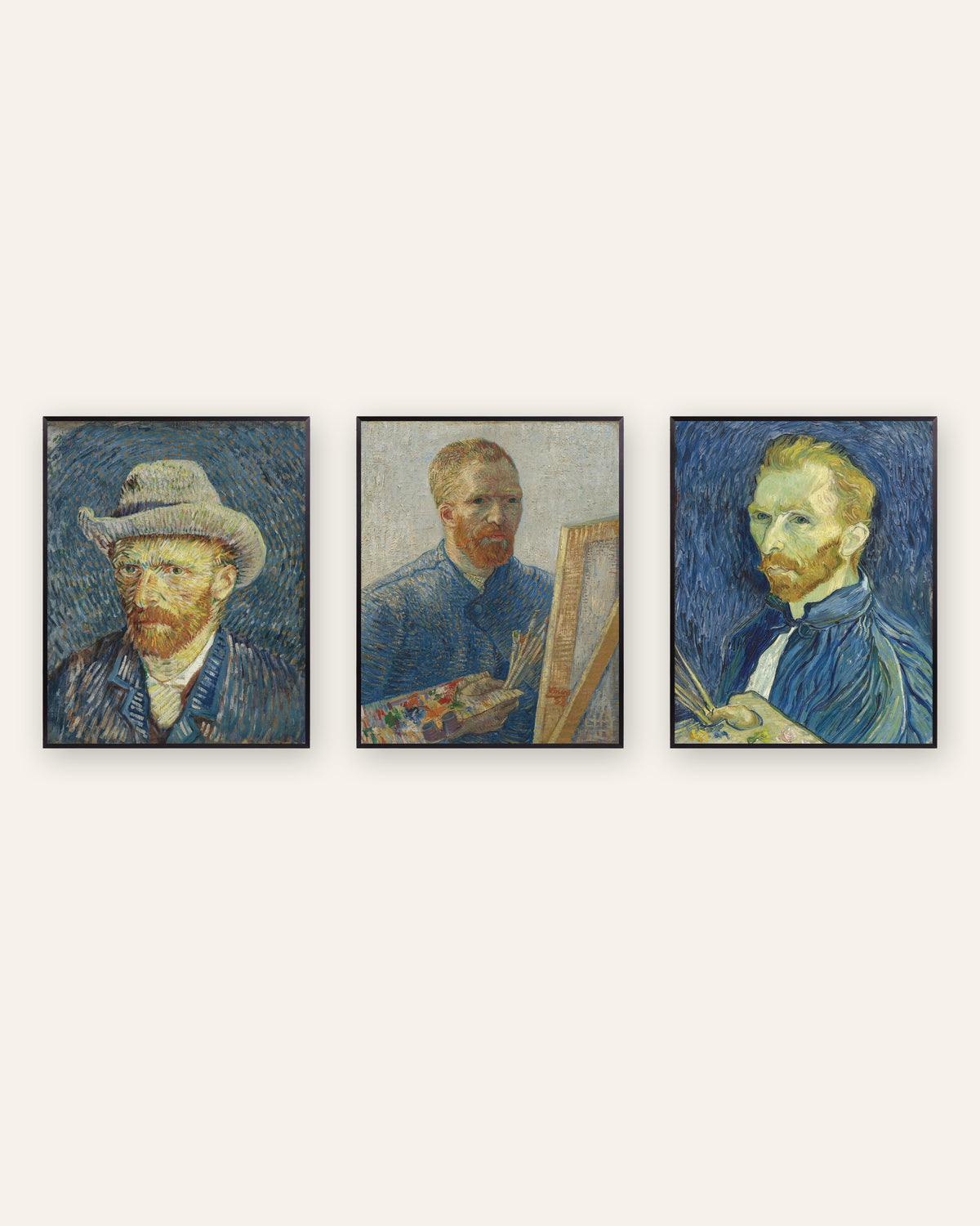 Pósters de autorretratos de Van Gogh, conjunto de 3: de París a Saint-Rémy, con marcos de metal negro