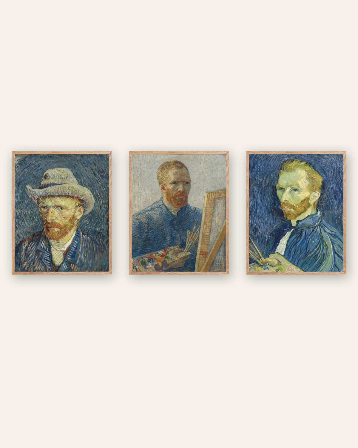 Pósters de autorretratos de Van Gogh, conjunto de 3: de París a Saint-Rémy, con marcos de roble natural