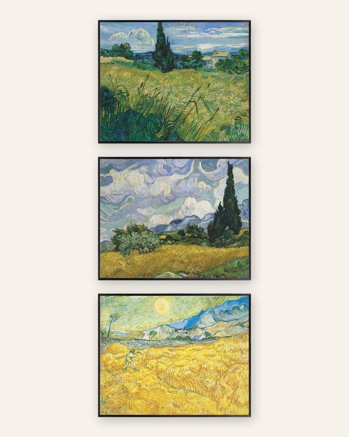 Pósters de Van Gogh, campos de trigo, conjunto de 3: cipreses y cosecha, con marcos de metal negro