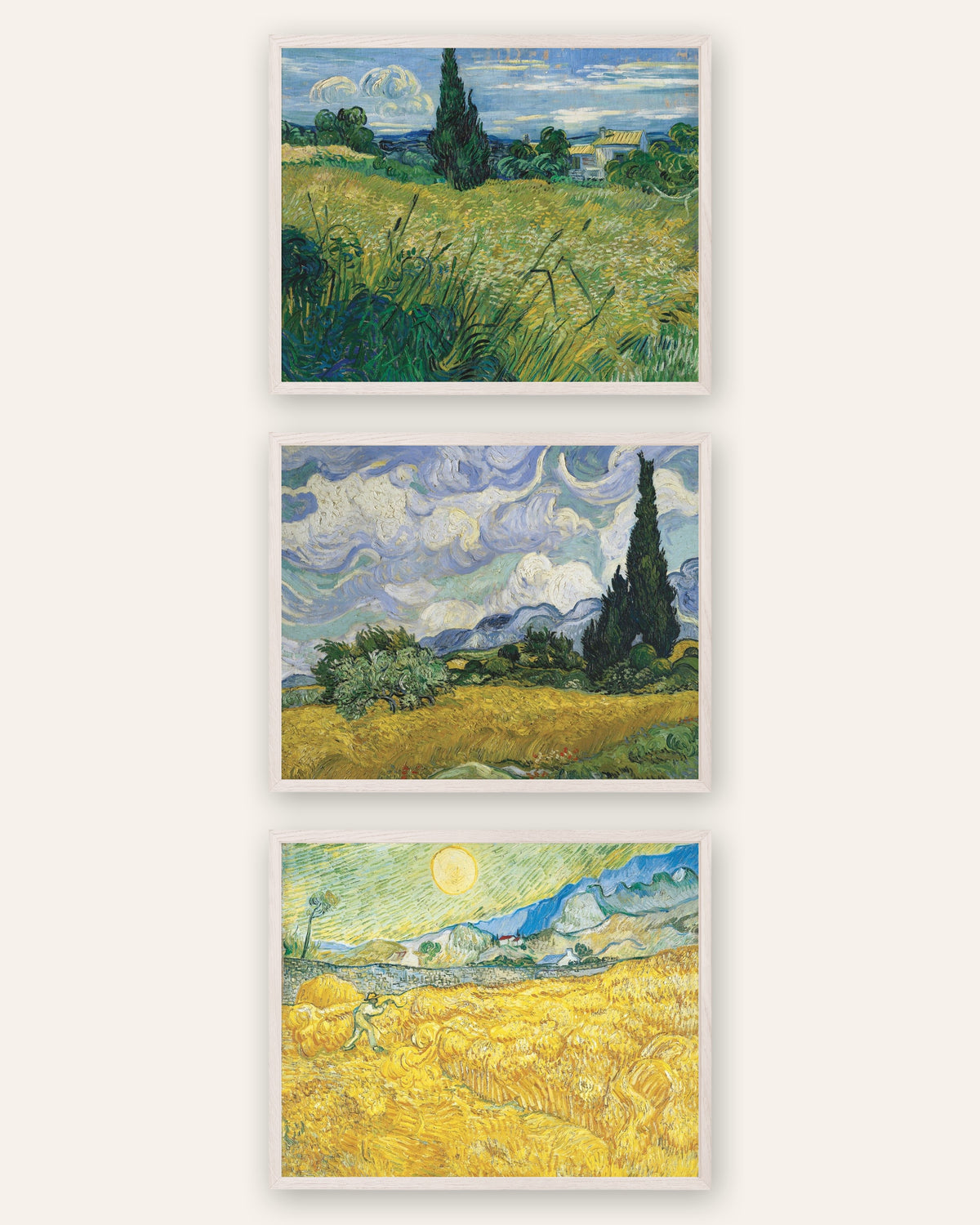 Pósters de Van Gogh, campos de trigo, conjunto de 3: cipreses y cosecha, con marcos de roble blanco