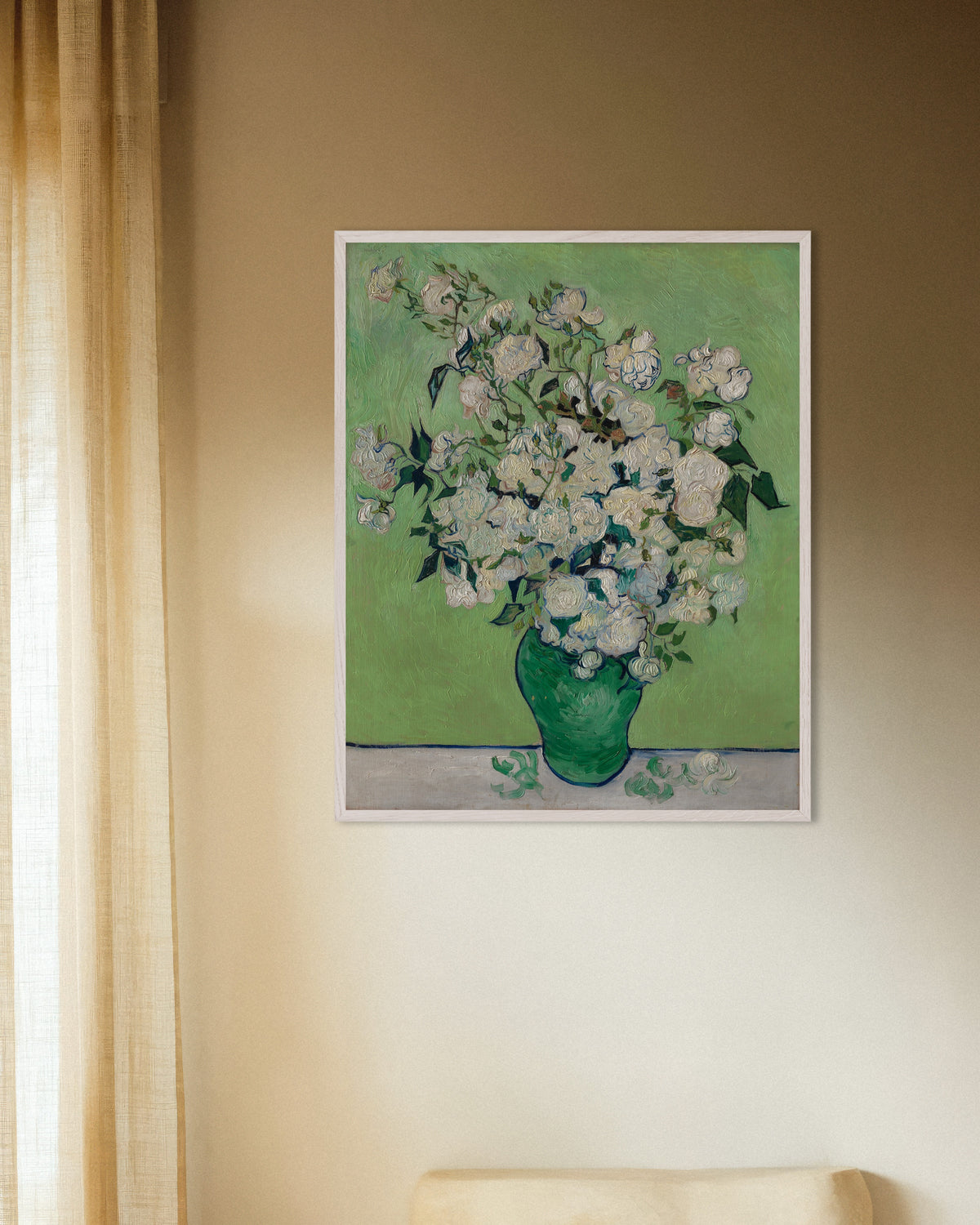 Póster de Jarrón con rosas (1890), de Vincent van Gogh, con marco de madera blanco
