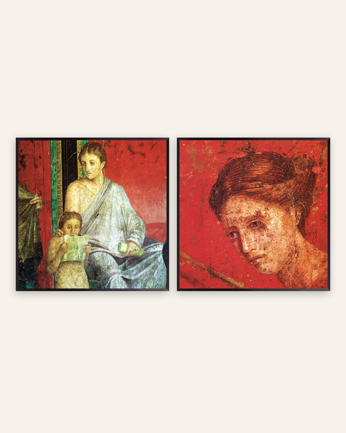 Pósters Villa de los Misterios, conjunto de 2: joven lector y retrato, con marcos de metal negro