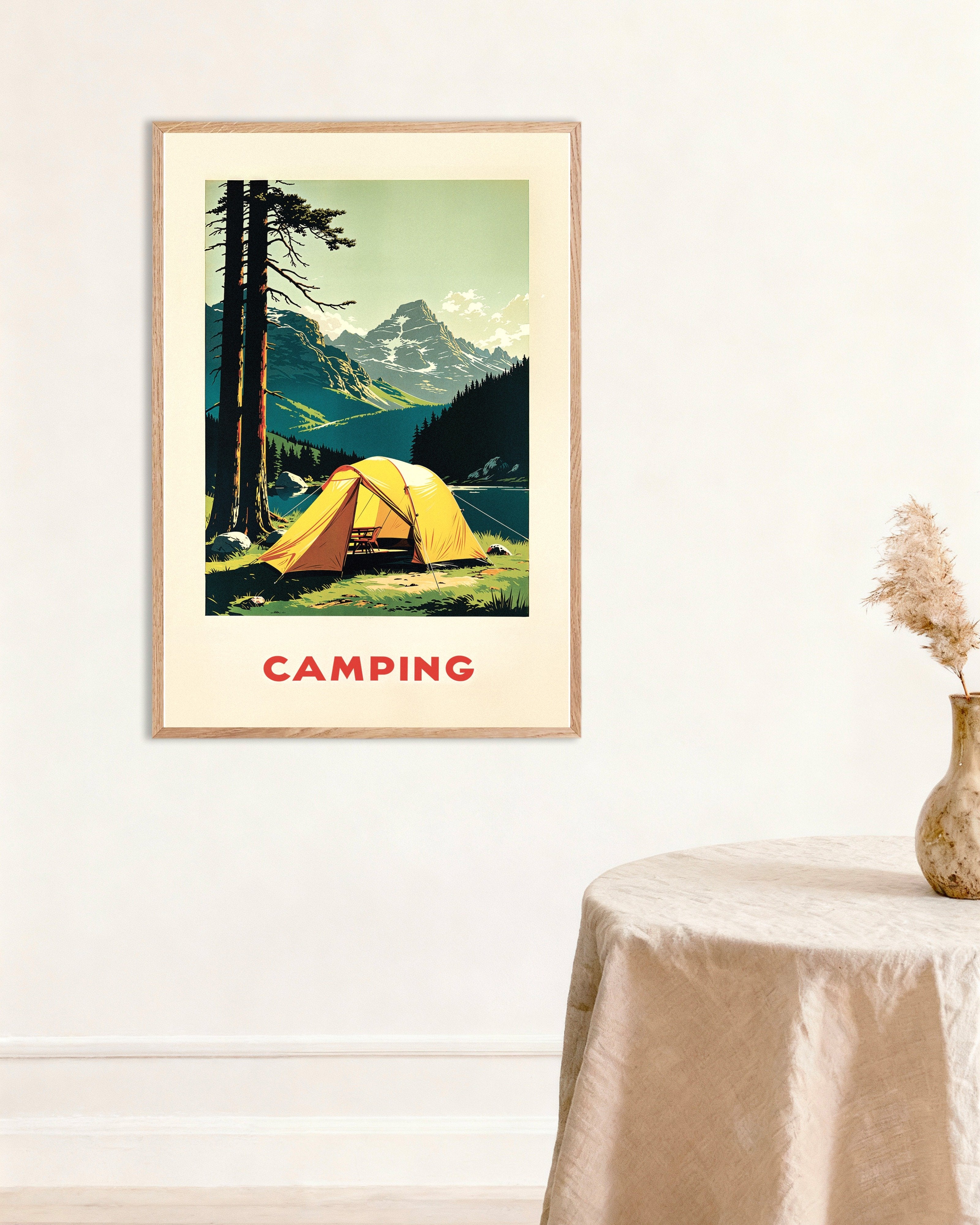 Poster of Vintage camping, mountain and nature - Poster, with natural wooden frame