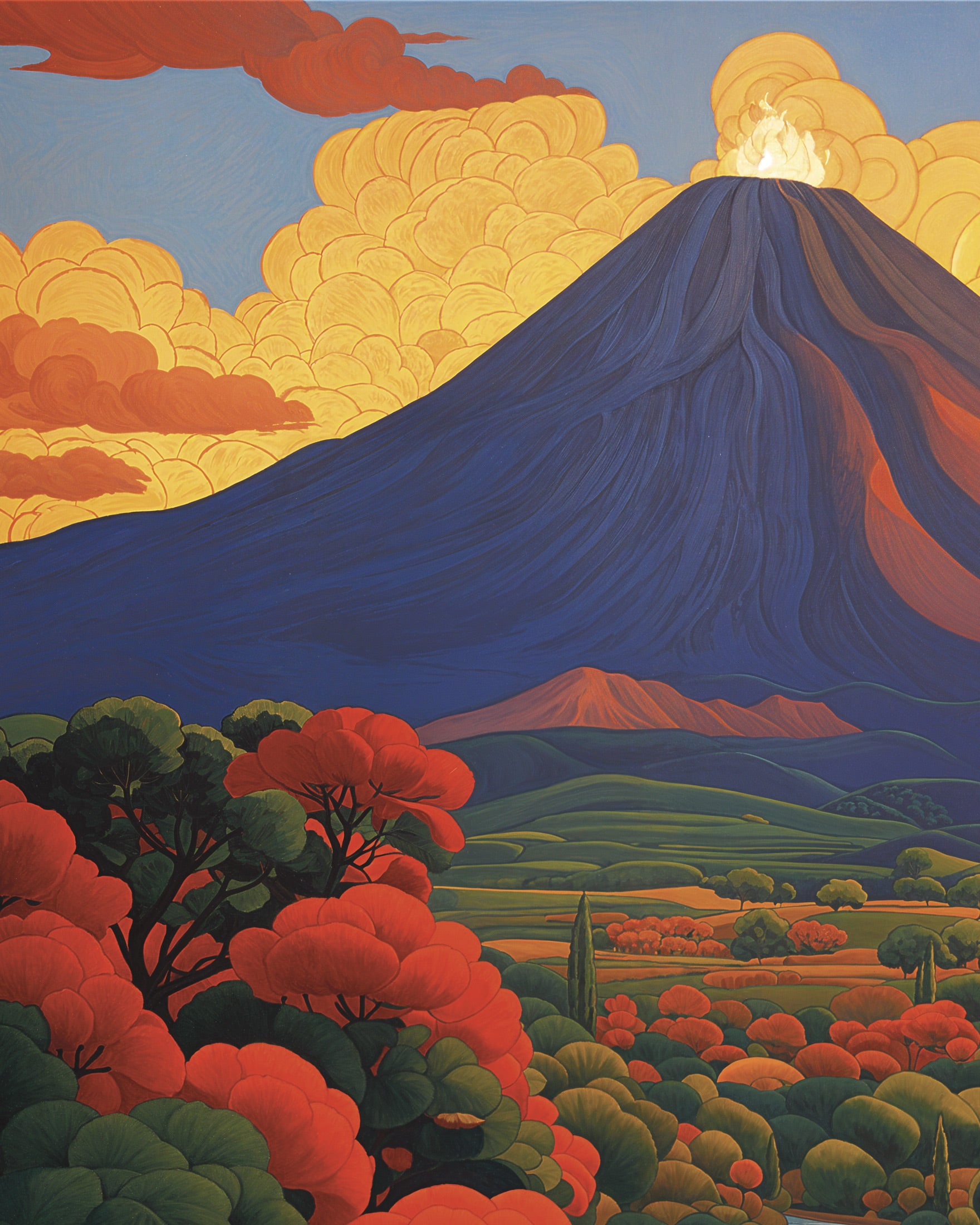 Póster de volcán, composición simbolista mística