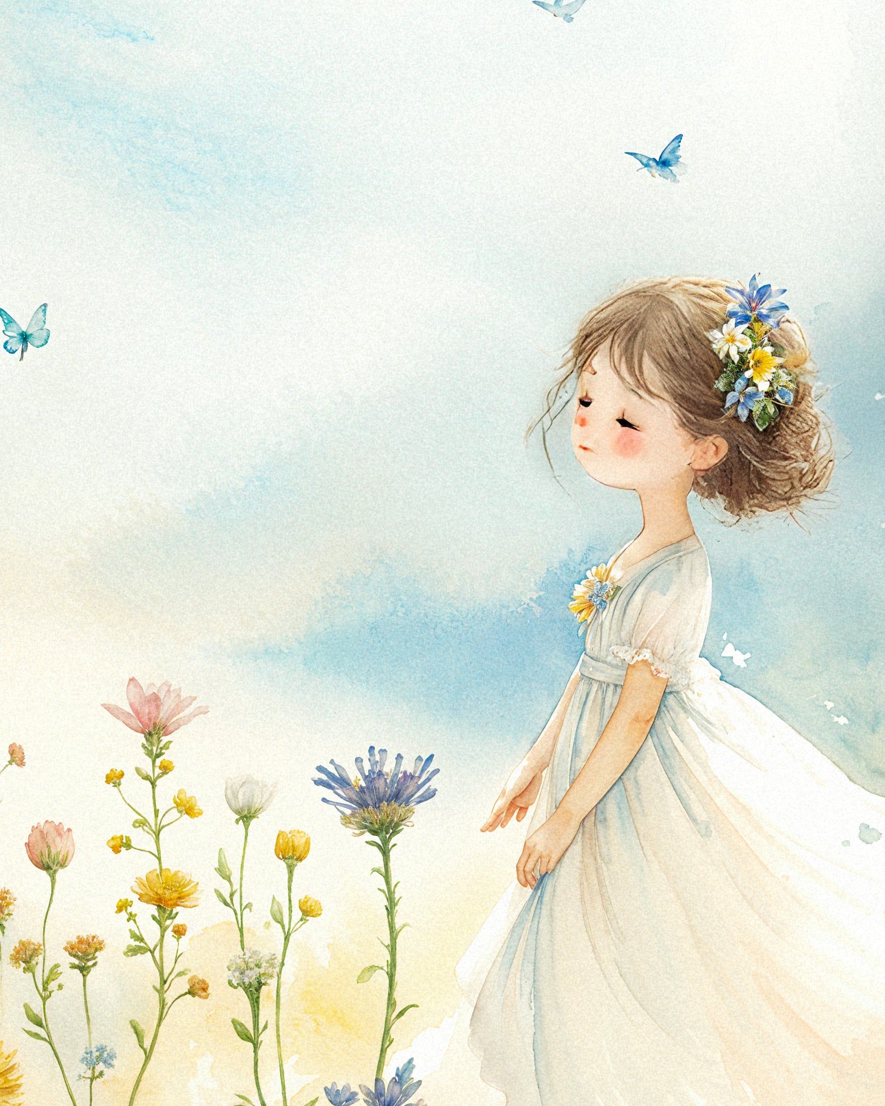 Pintura acuarela, niña joven y flores - Póster