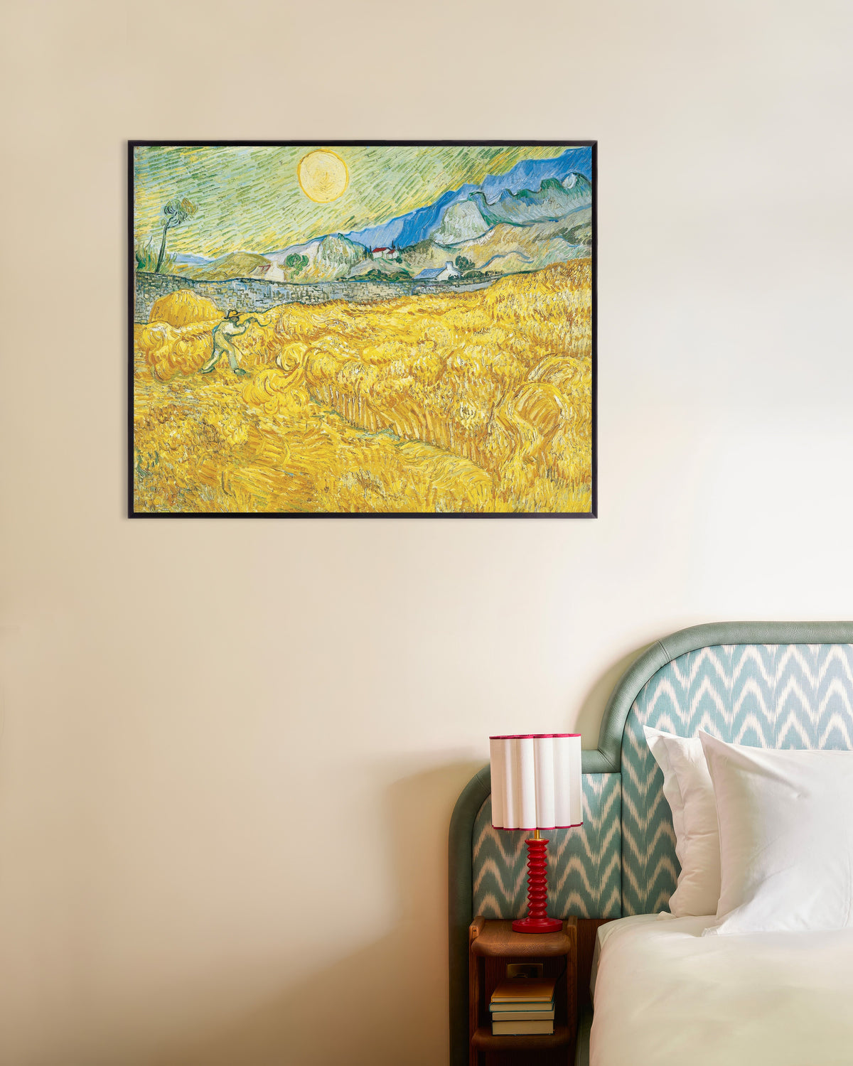 Póster de Campo de trigo tras el hospital de Saint-Paul con un segador (1889), de Vincent van Gogh, con marco metálico