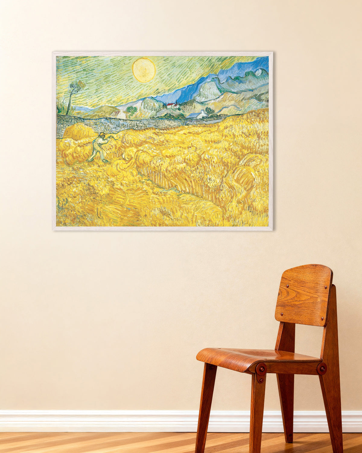 Póster de Campo de trigo tras el hospital de Saint-Paul con un segador (1889), de Vincent van Gogh, con marco de madera blanco