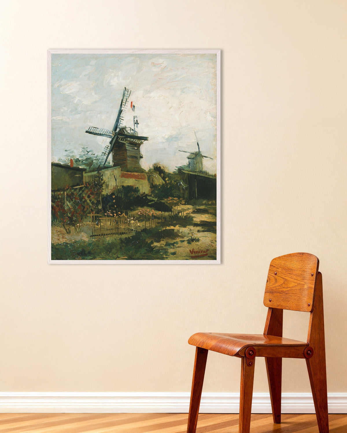 Póster de Molinos de viento en Montmartre (1886), de Vincent van Gogh, con marco de madera blanco