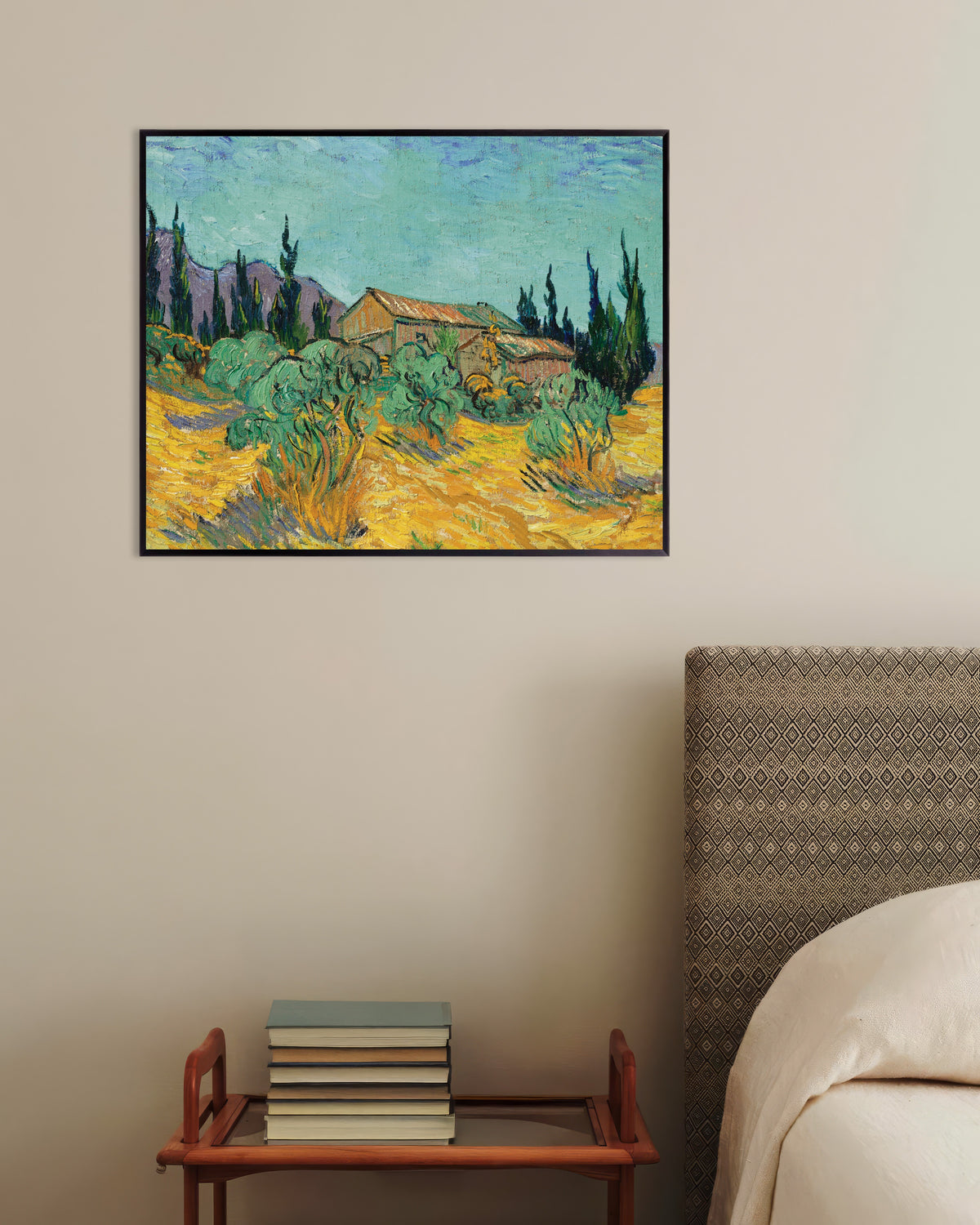 Póster de Cabañas de madera entre olivos y cipreses (1889), de Vincent van Gogh, con marco metálico