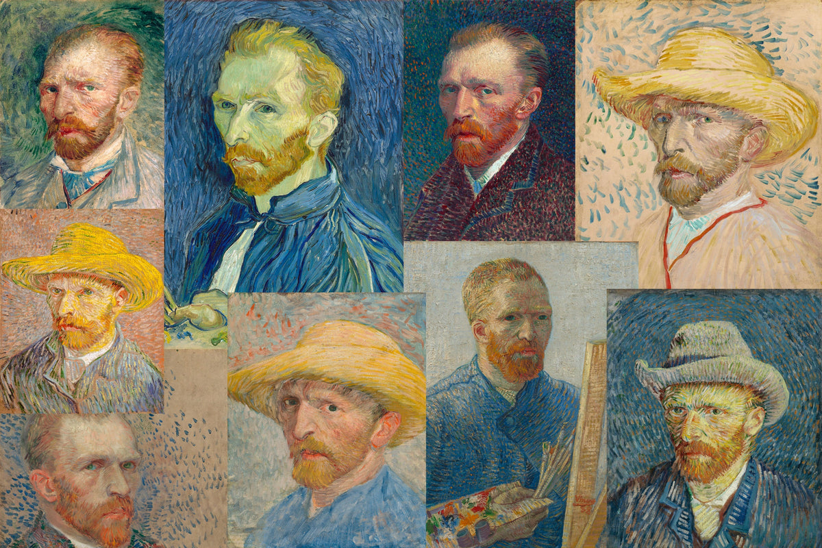 Nueve autorretratos de Vincent van Gogh, pintados en su mayoría en París entre 1886 y 1888, varios con sombrero de paja