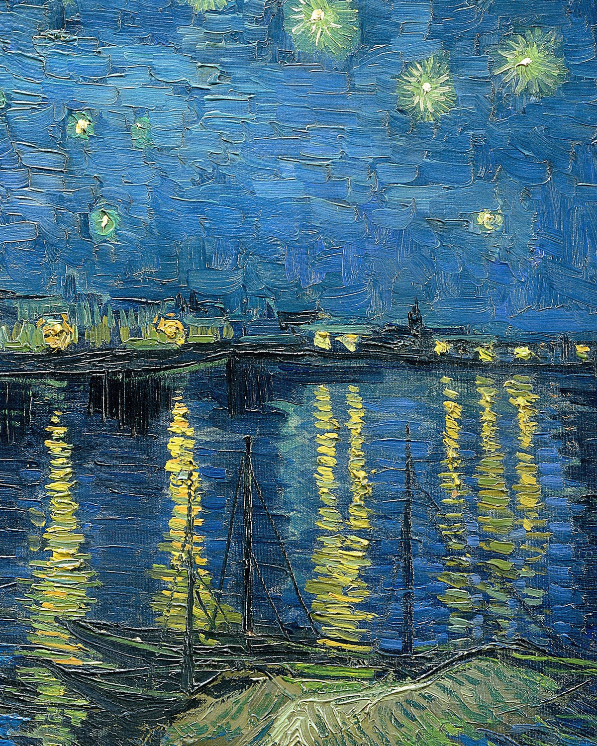 Detalle de Noche estrellada sobre el Ródano (1888), de Vincent van Gogh: las luces de Arlés se reflejan en el río bajo un cielo azul estrellado