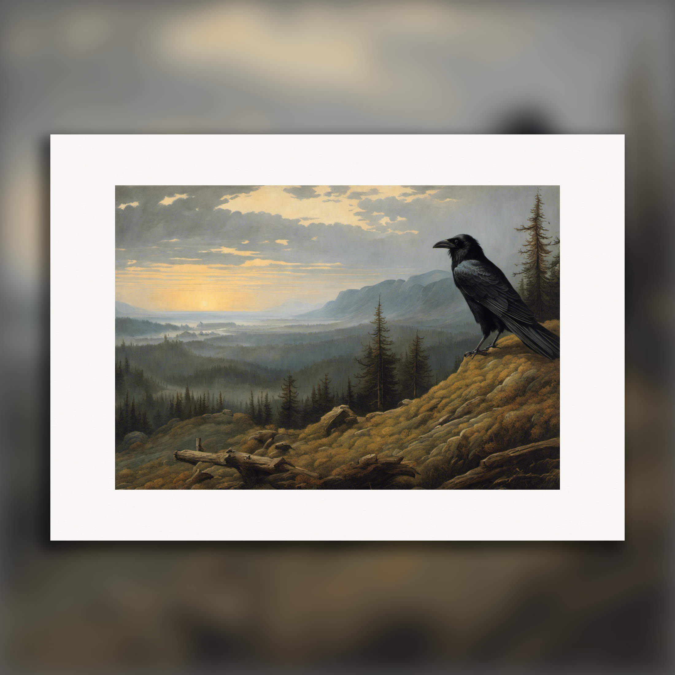 Paisajes fascinantes que invocan la introspección espiritual, un cuervo - Póster
