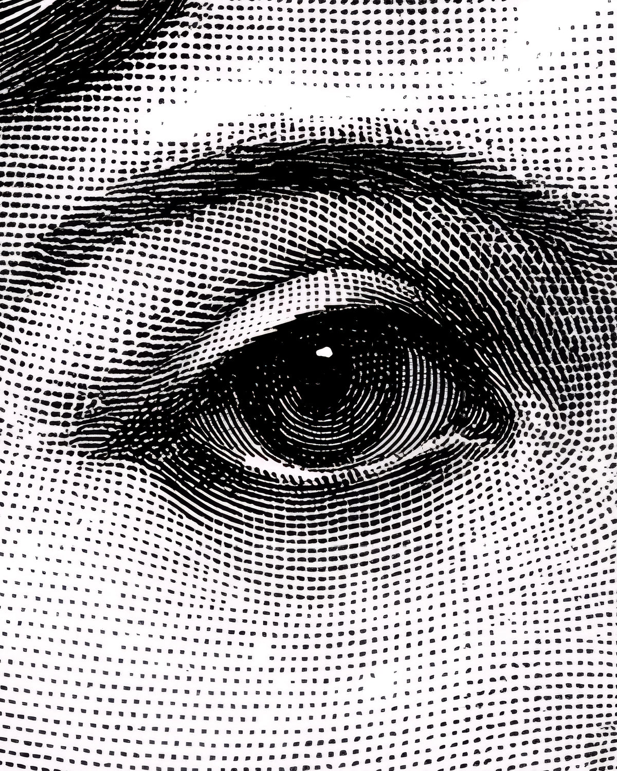 Detalle en blanco y negro, punteado, de un ojo humano con ceja y la textura de la piel circundante.