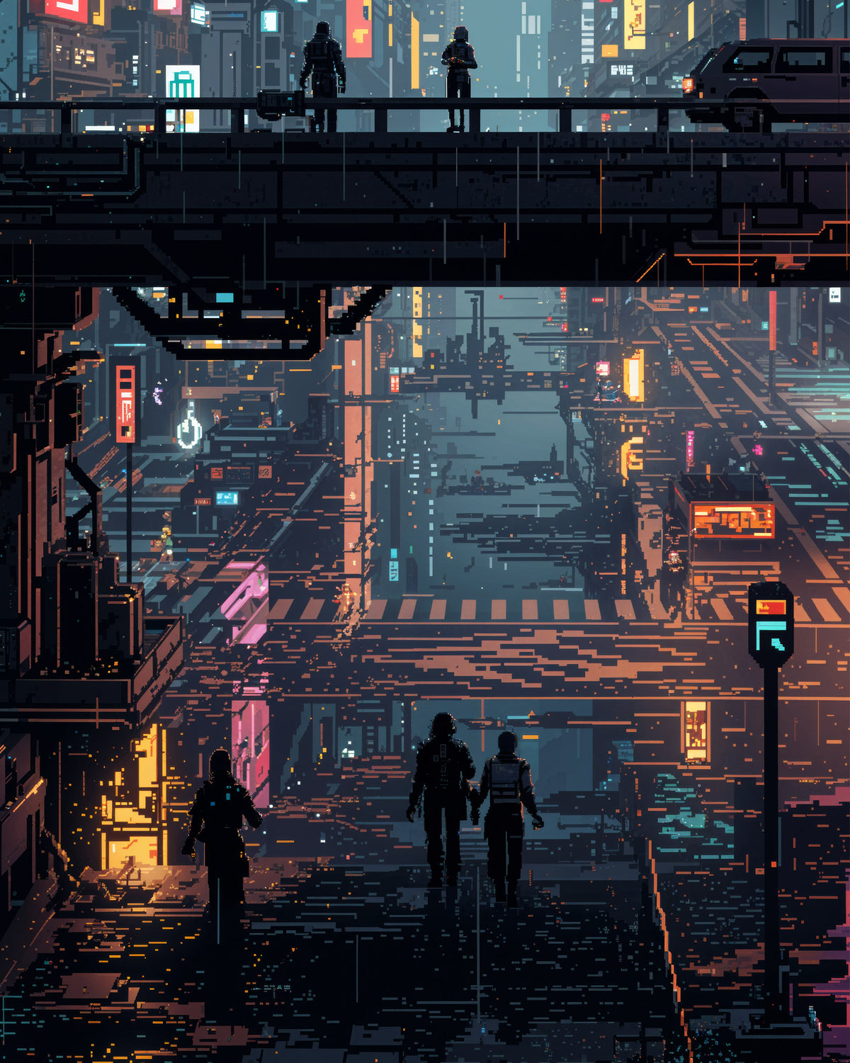 Escena de una ciudad futurista ciberpunk, con peatones en silueta que caminan bajo pasarelas elevadas y letreros de neón luminosos en tonos azules, rosas, naranjas y amarillos.
