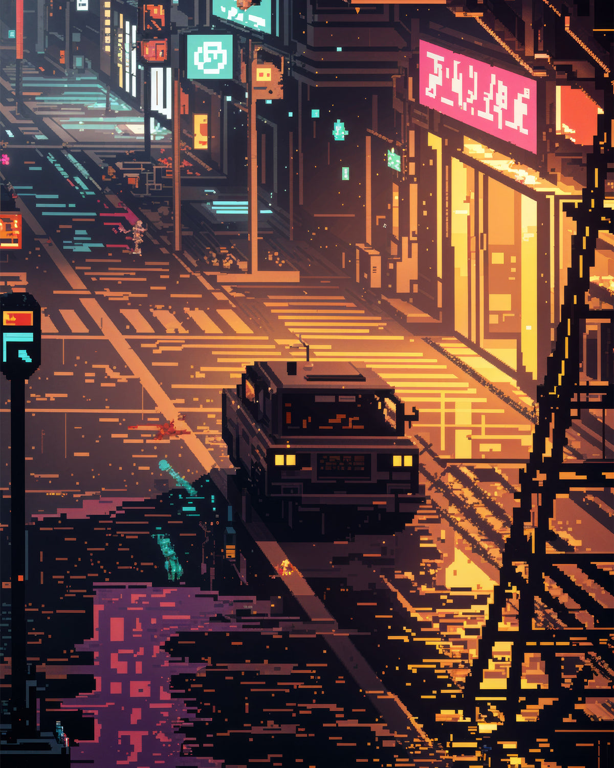 Escena estilizada de una calle urbana iluminada con neón por la noche, con un vehículo oscuro en una carretera mojada, letreros luminosos en los escaparates y arte digital pixelado en tonos naranjas, morados, azules y amarillos.
